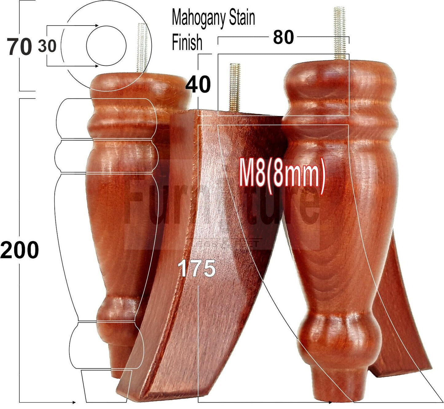 2 Turned Furniture Feet Replacement Sofa Legs 200mm & 2 Curved Back Legs 185mm for Chairs Sofa Settee Cabinets M8