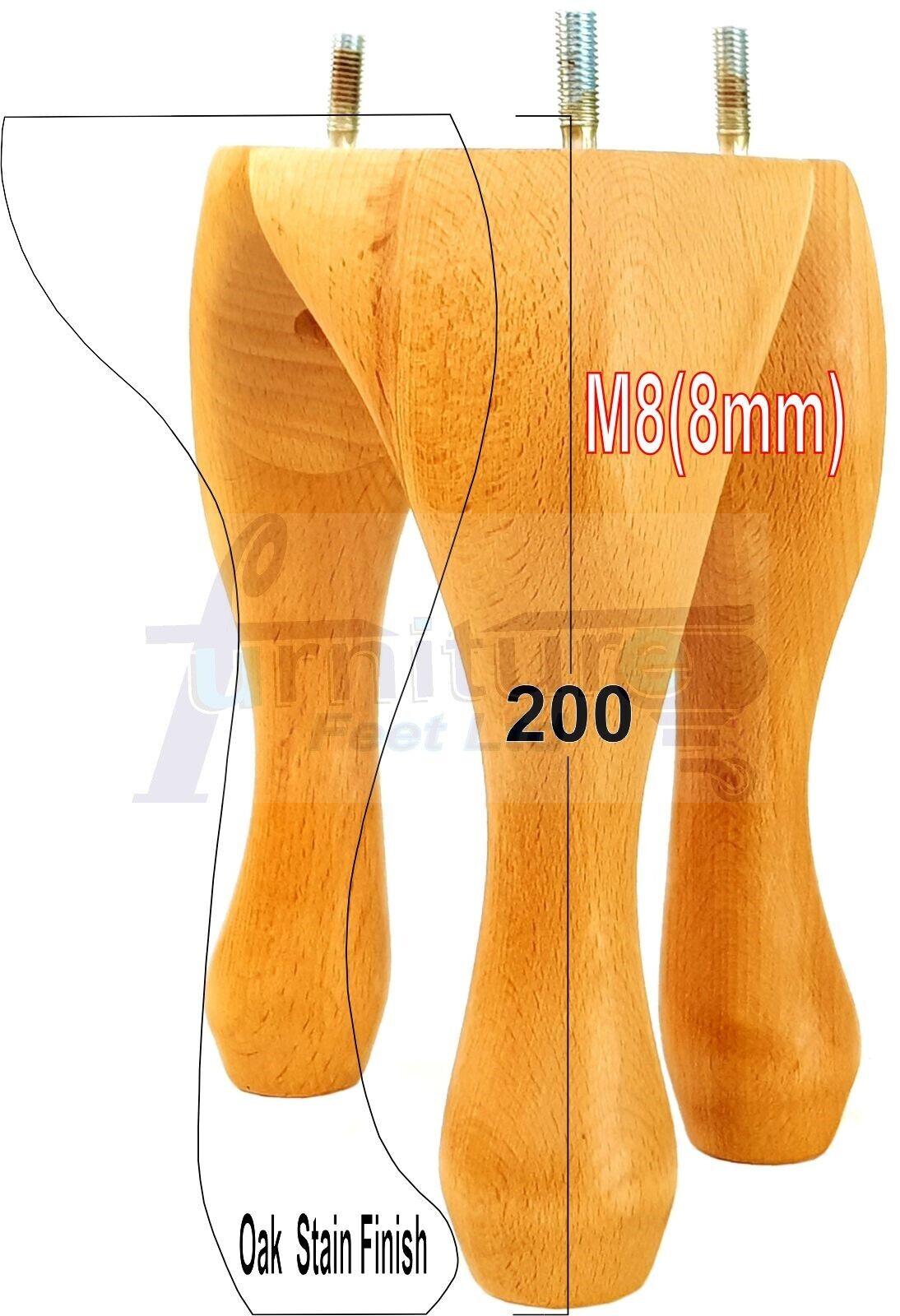 4 Solid Wood Furniture Feet 200mm High Vintage Queen Anne Replacement Legs M8 8 Inches