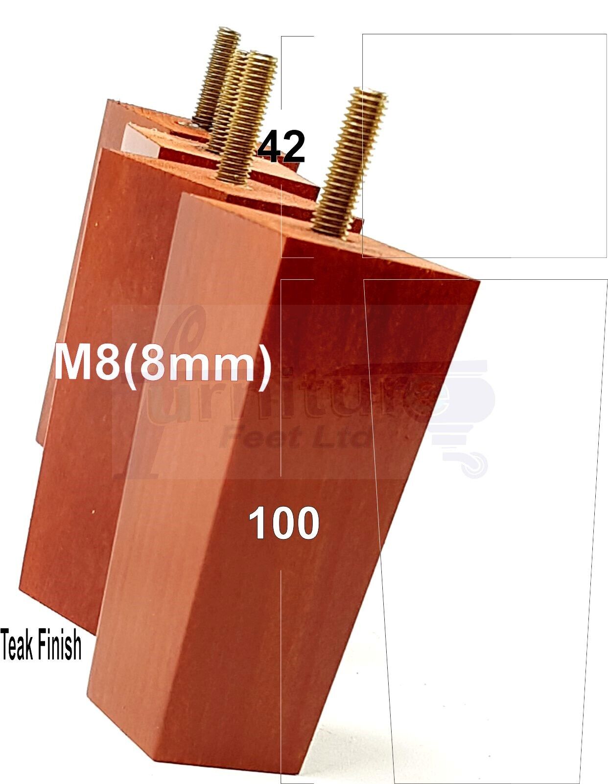 4x Solid Wood Block Furniture Legs Replacement Square Feet 100mm High M8(8mm)