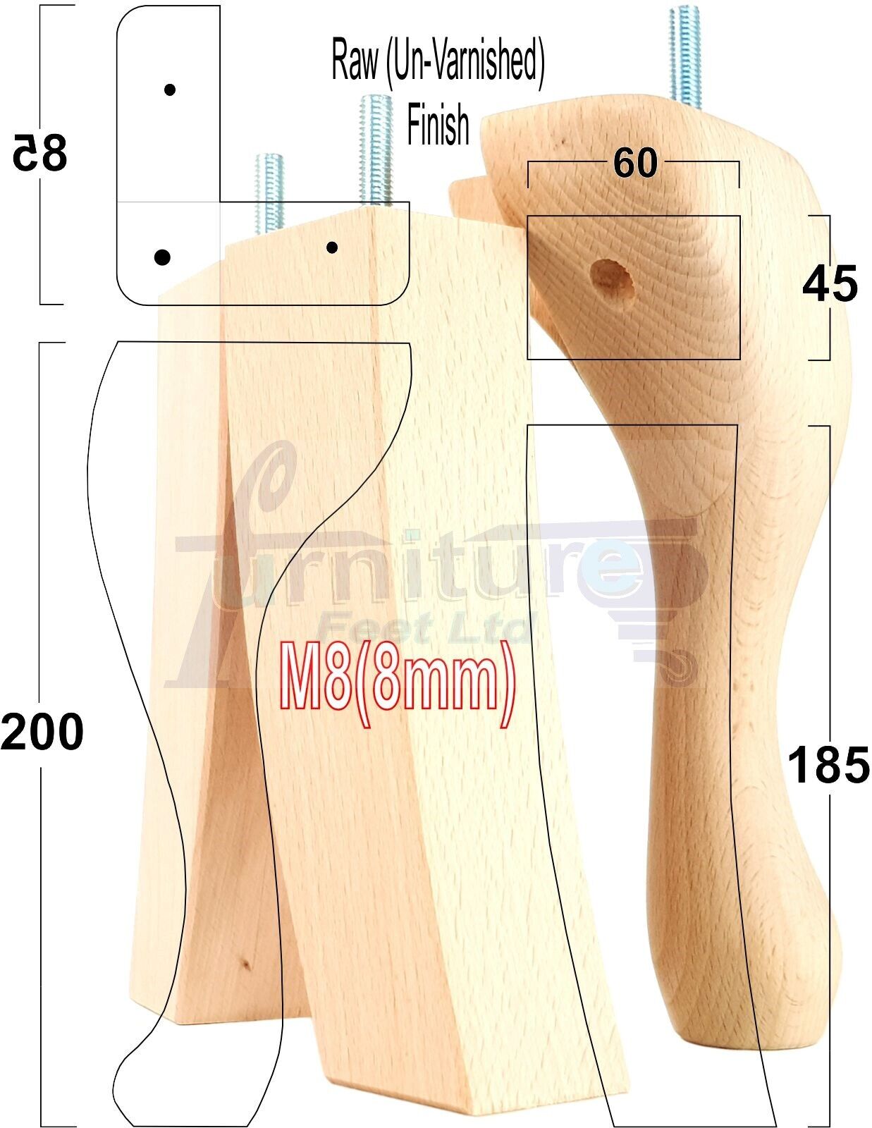 2x Vintage Queen Anne Replacement Furniture Legs & 2x Curved Back Feet 200mm High 8mm Thread