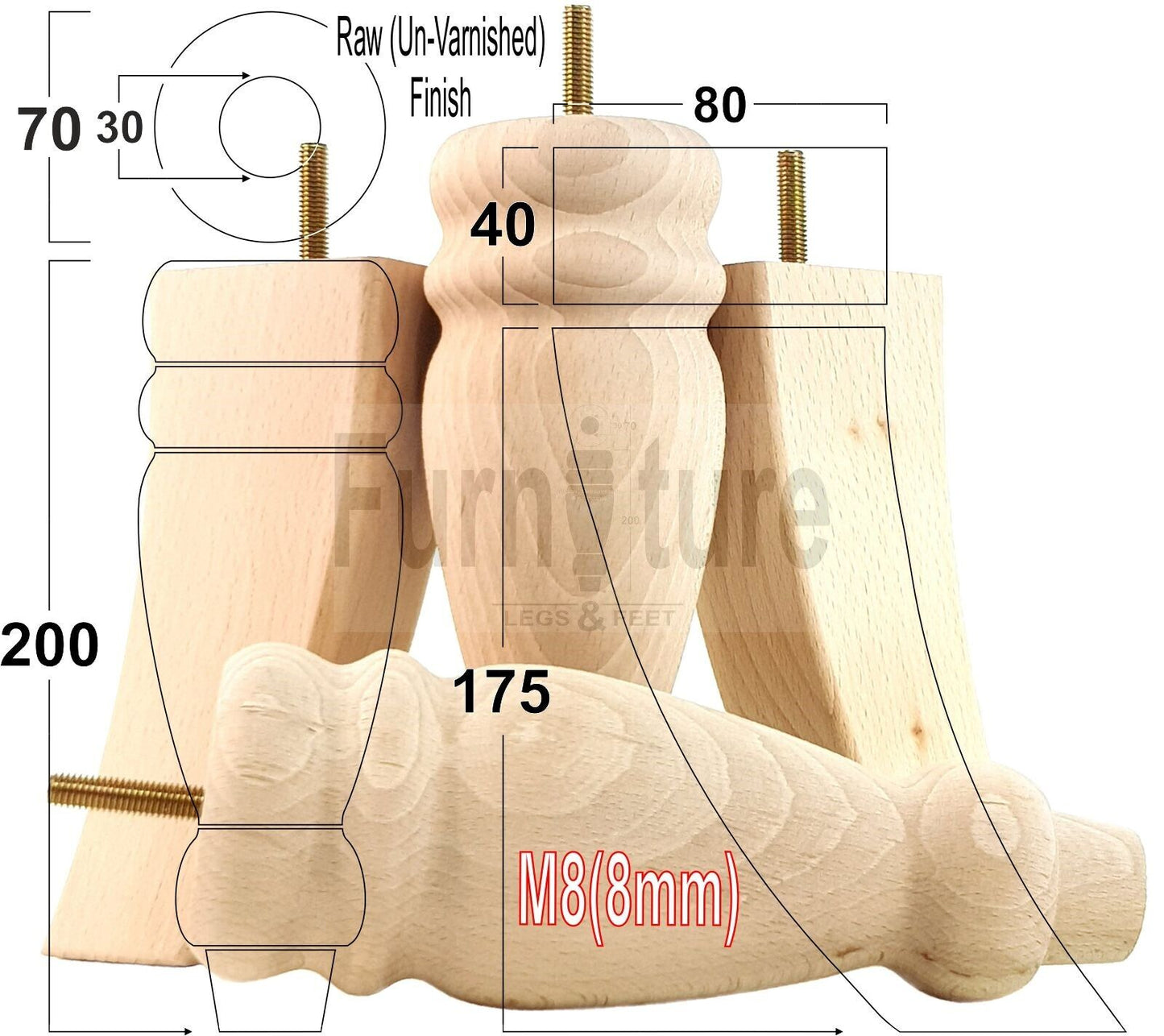2 Turned Furniture Feet Replacement Sofa Legs 200mm & 2 Curved Back Legs 185mm for Chairs Sofa Settee Cabinets M8