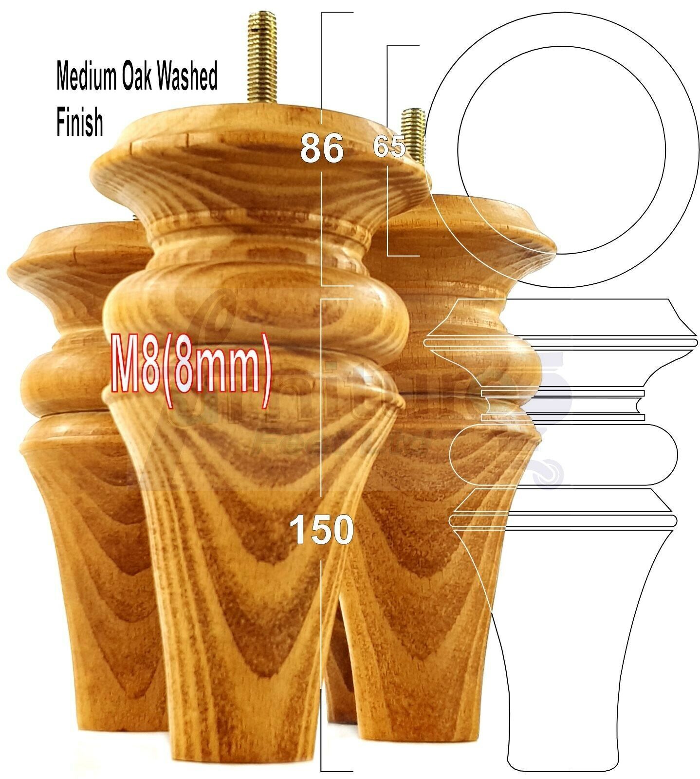 4x Turned Furniture Legs 150mm High M8(8mm) Replacement Feet