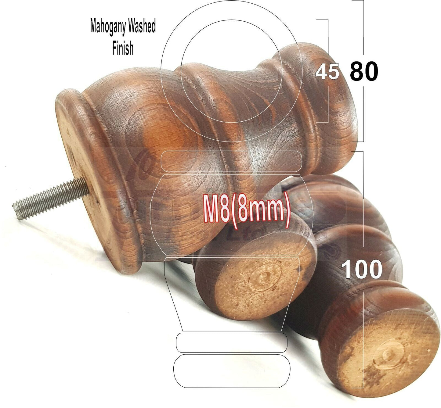4 Turned Wood Furniture Chair Legs M8 Replacement Sofa Settee Chair Bed Feet 100mm High