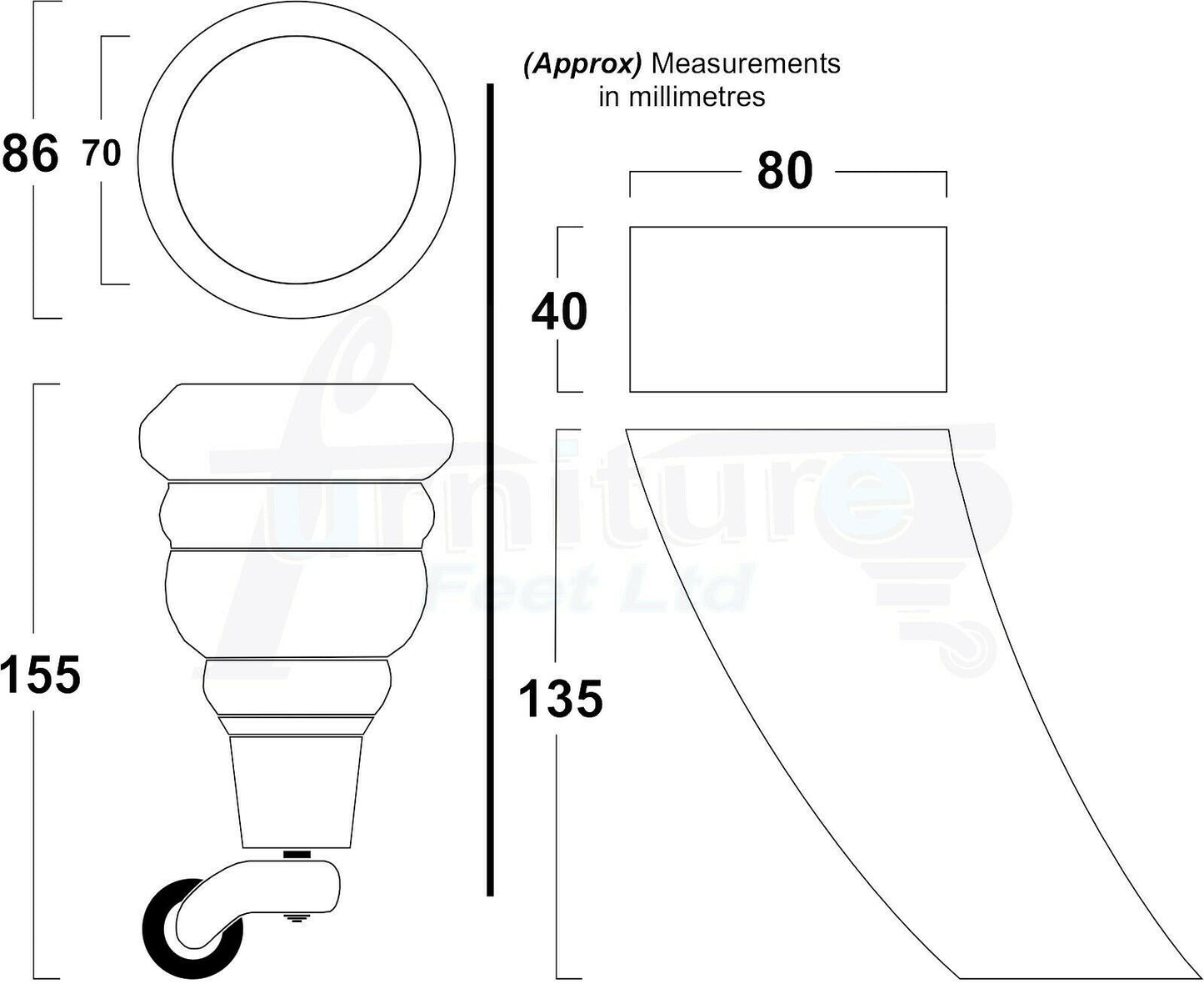 2 Replacement Wood Furniture Legs With Castors & 2 Curved Feet 155mm Chair Sofa Stool M8