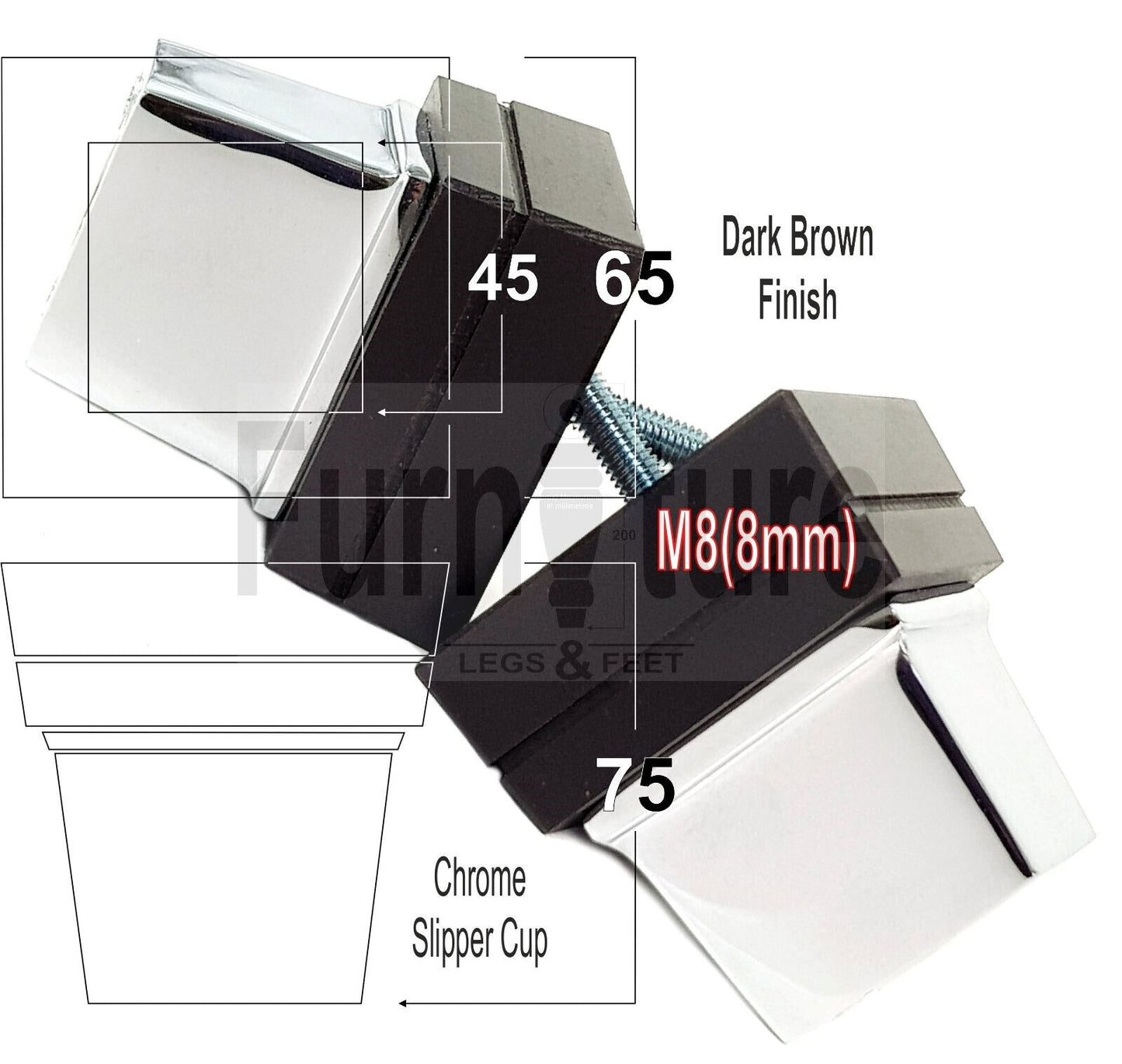 4x Wood Furniture Sofa Legs M8 Replacement Chair Settee Feet & Chrome Metal Slipper Cup 75mm