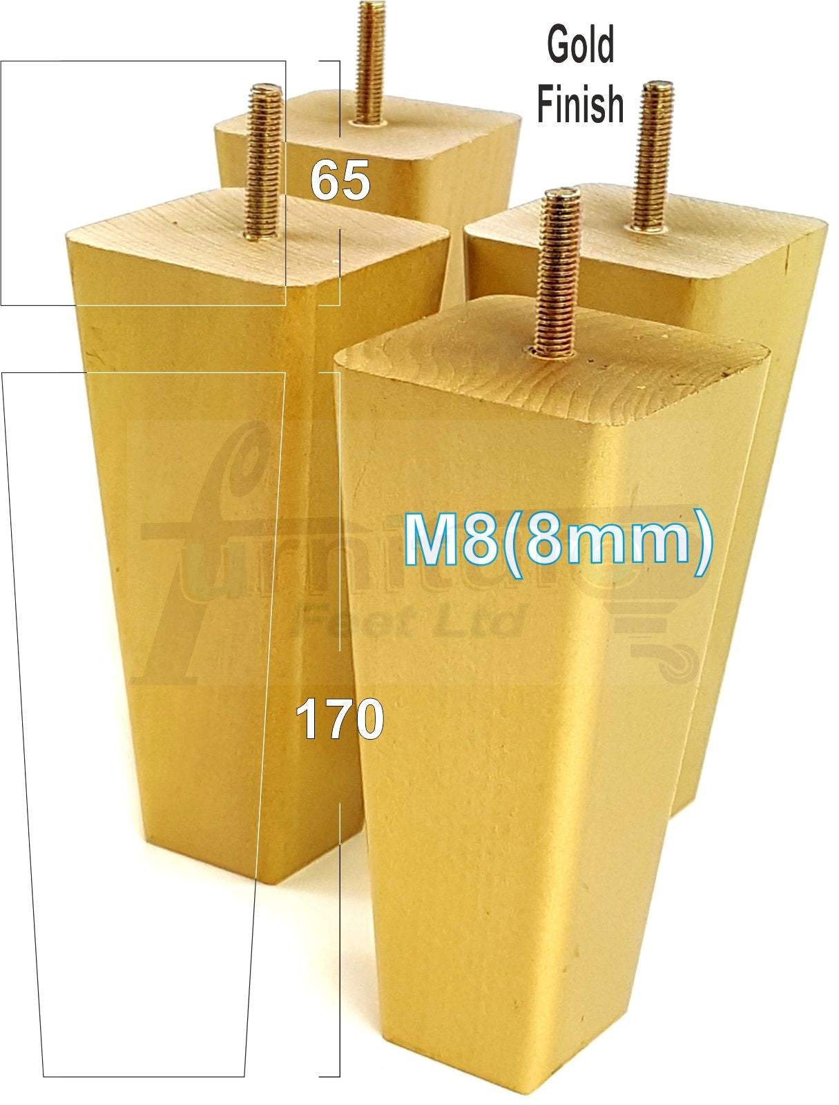 4x Wooden Furniture Legs 170mm High Replacement Square Tapered Feet 8mm