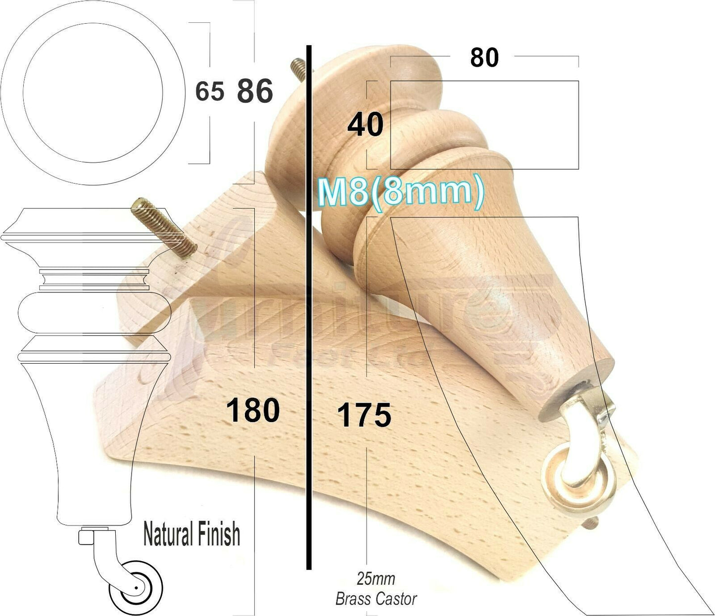 2x Turned & 2x Curved Back Wooden Feet Replacement Furniture Legs 180mm M8(8mm)