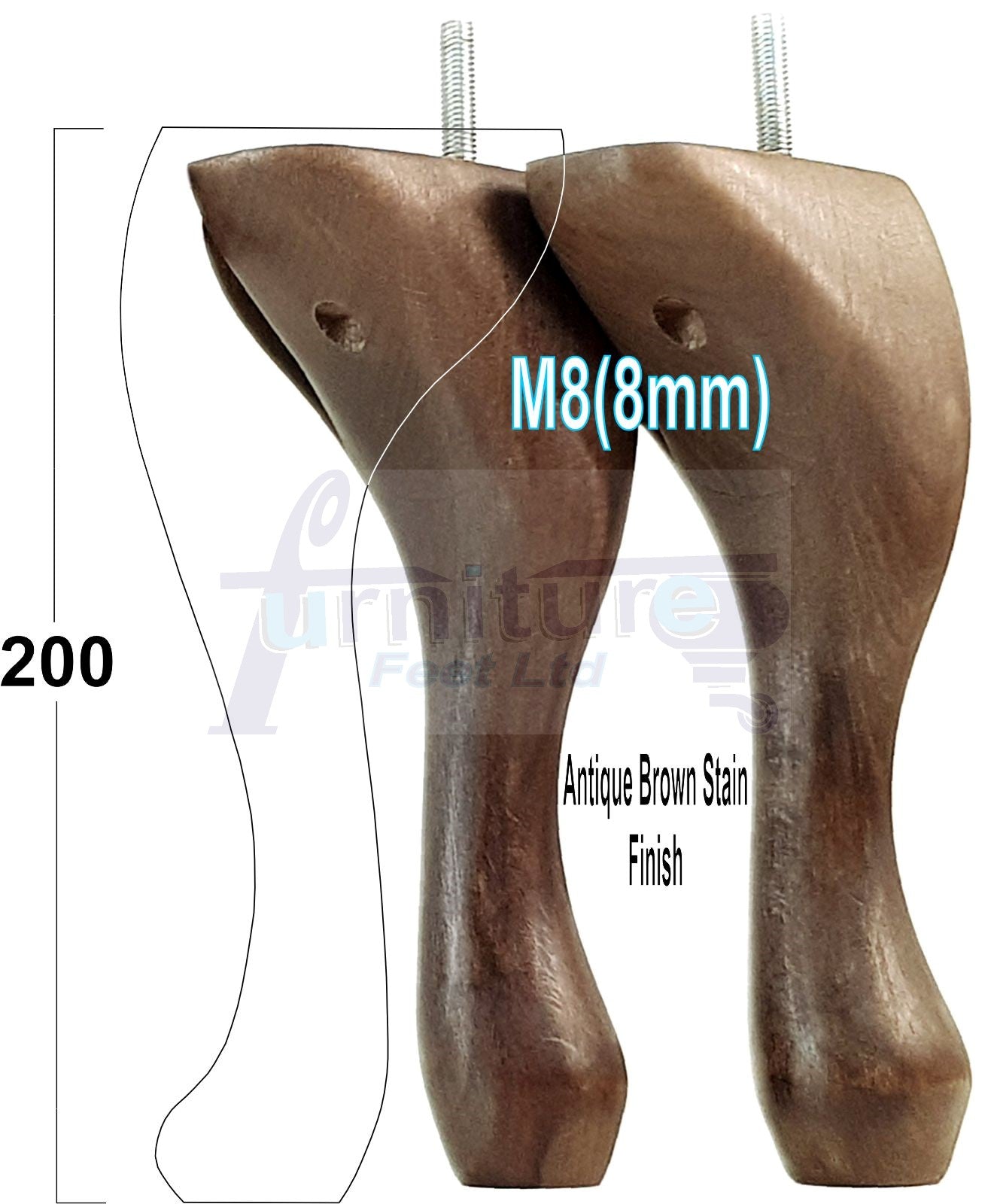 4 Solid Wood Furniture Feet 200mm High Vintage Queen Anne Replacement Legs M8 8 Inches