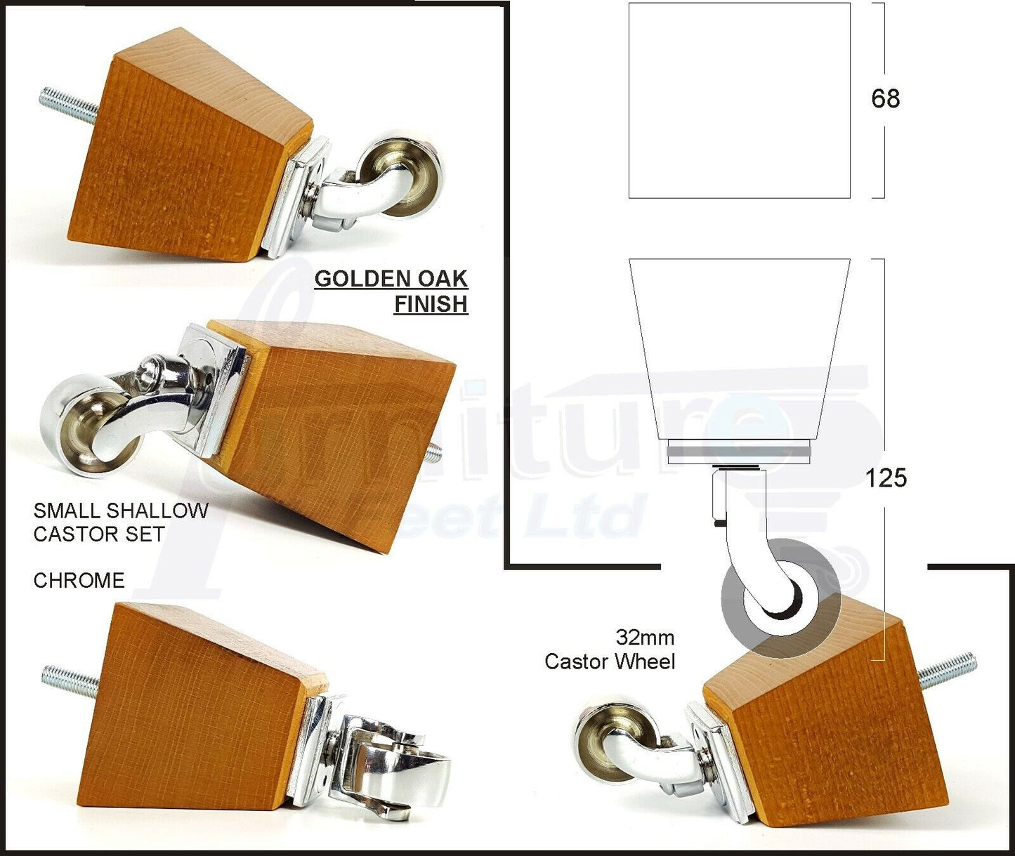 Set Of 4 Wooden Turned Replacement Furniture Legs 125mm High With Chrome Castor Wheels 8mm Thread