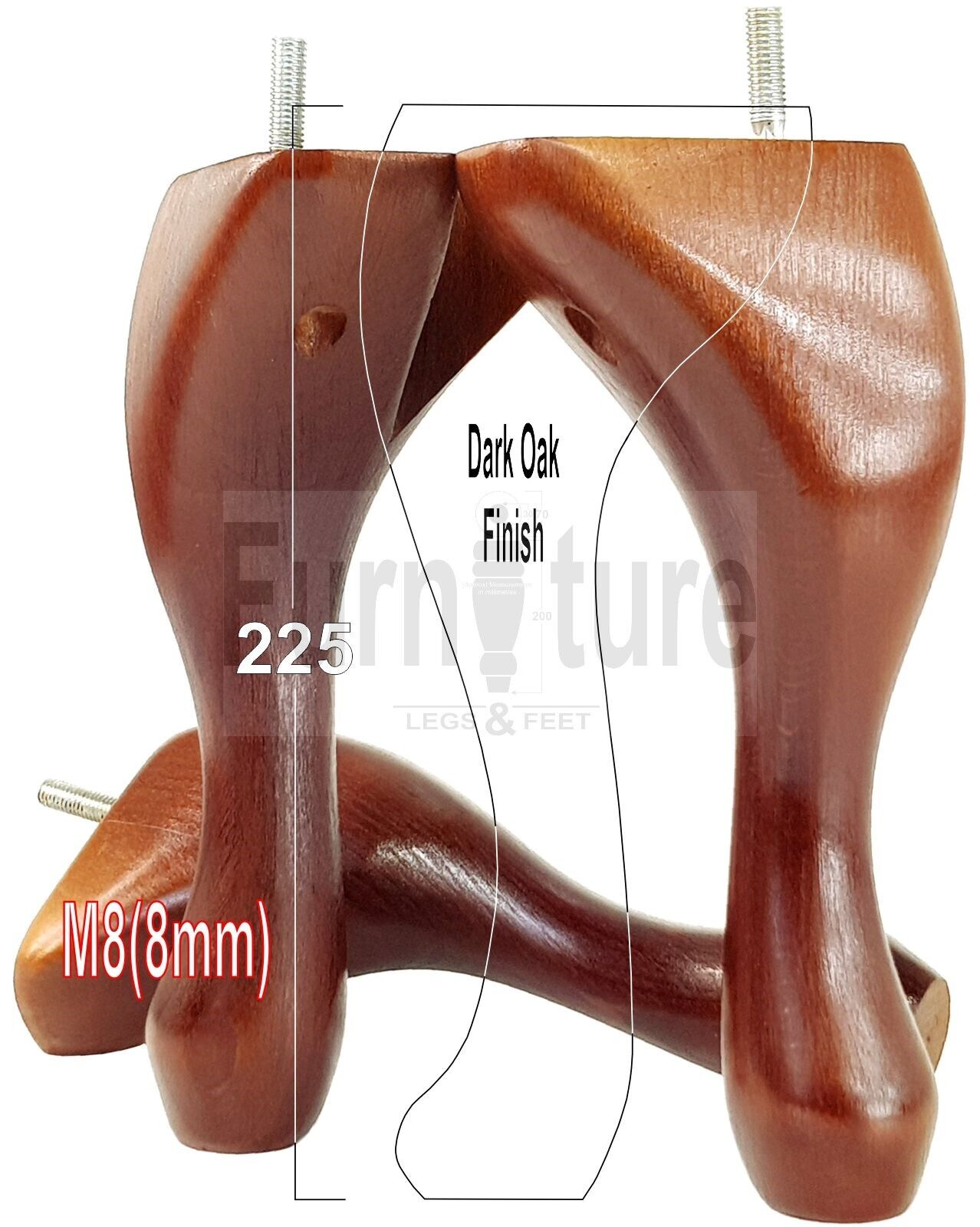 4x Solid Wood Furniture Feet 225mm High Vintage Queen Anne Replacement Legs M8 8 Inches