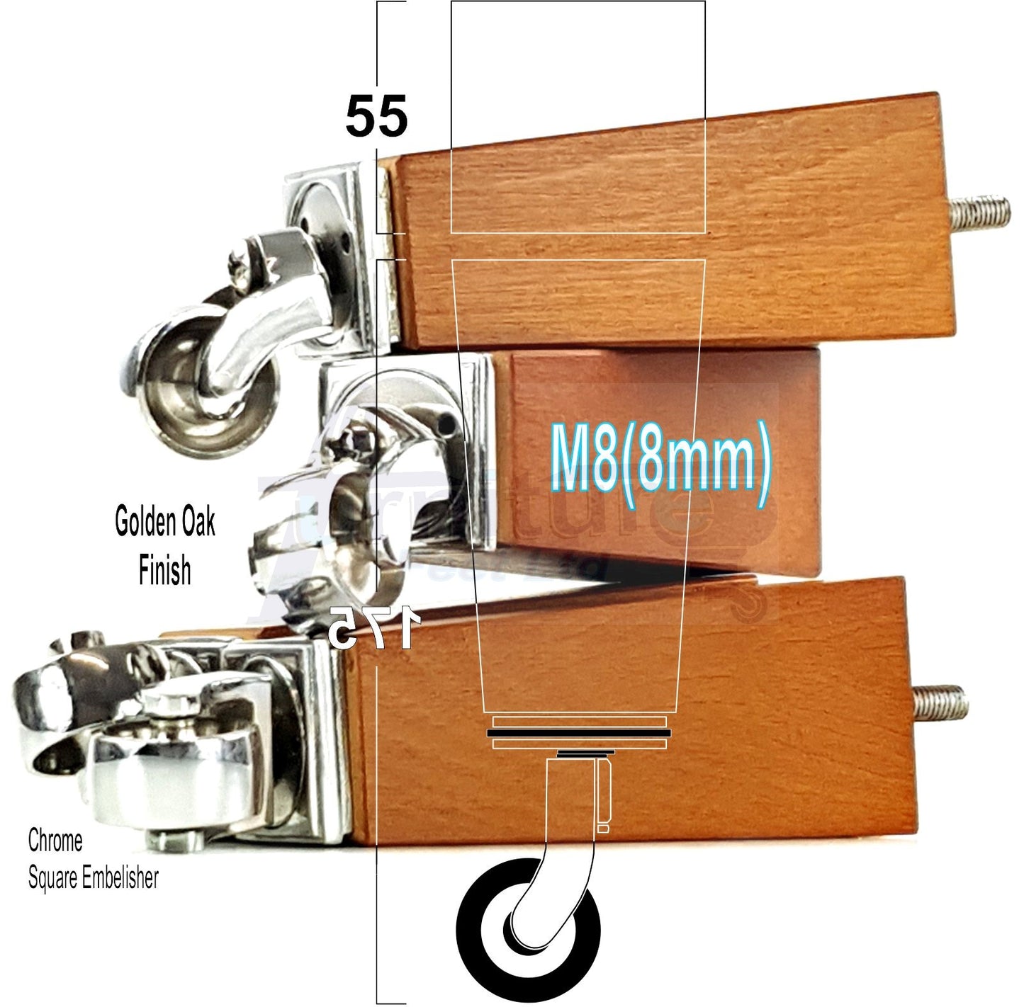 4x Solid Wood Furniture Legs Chair Sofa Bed Replacement Feet 175mm High With Chrome Castors 8mm Thread