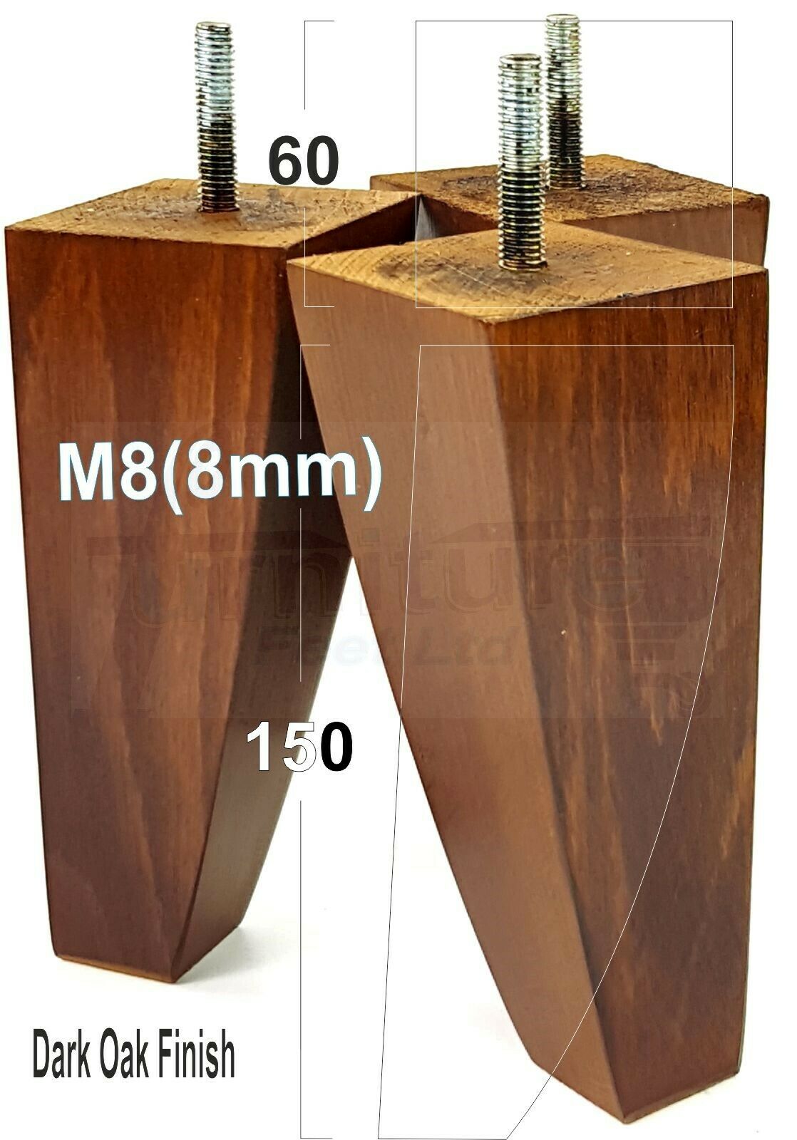 4x Tapered Square Furniture Legs Sofa Feet M8 for Chairs, Settees 150mm High