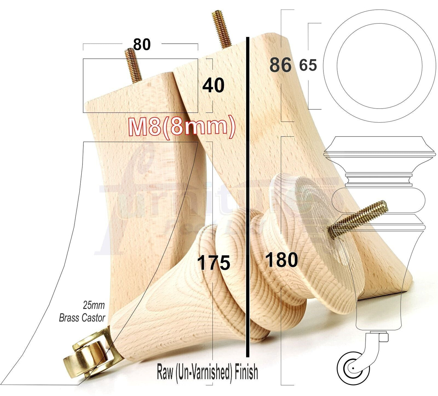 2x Turned & 2x Curved Back Wooden Feet Replacement Furniture Legs 180mm M8(8mm)