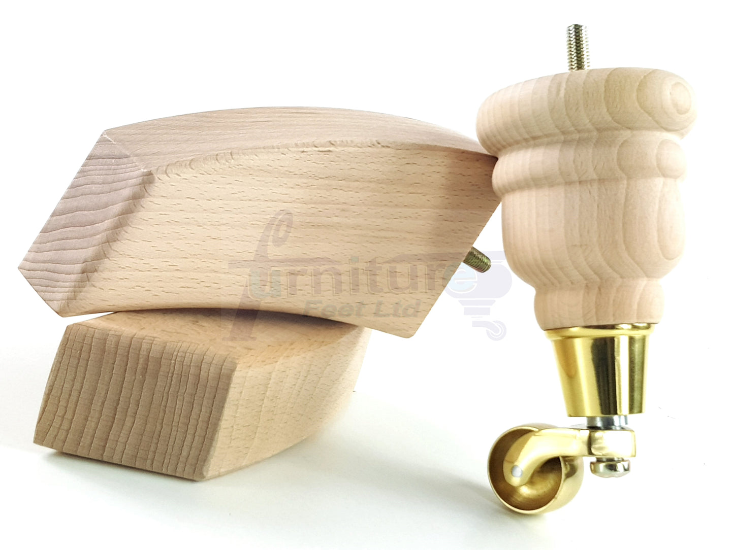 Natural Turned Wood Furniture Feet 2 With Castors 155mm and 2 Curved Back Legs Sofas Chairs Stools Cabinets Beds M8 6 Inches