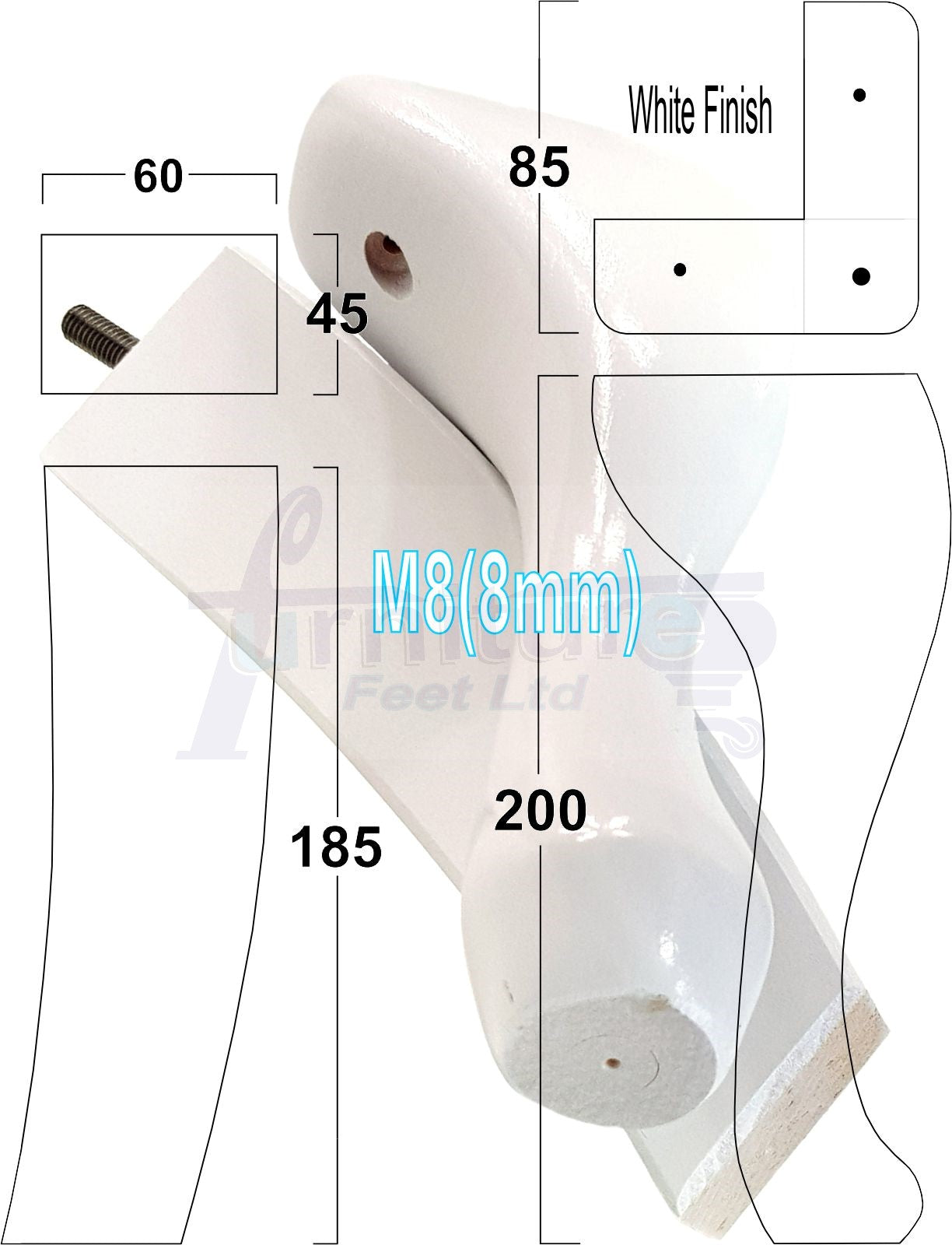 2x Vintage Queen Anne Replacement Furniture Legs & 2x Curved Back Feet 200mm High 8mm Thread