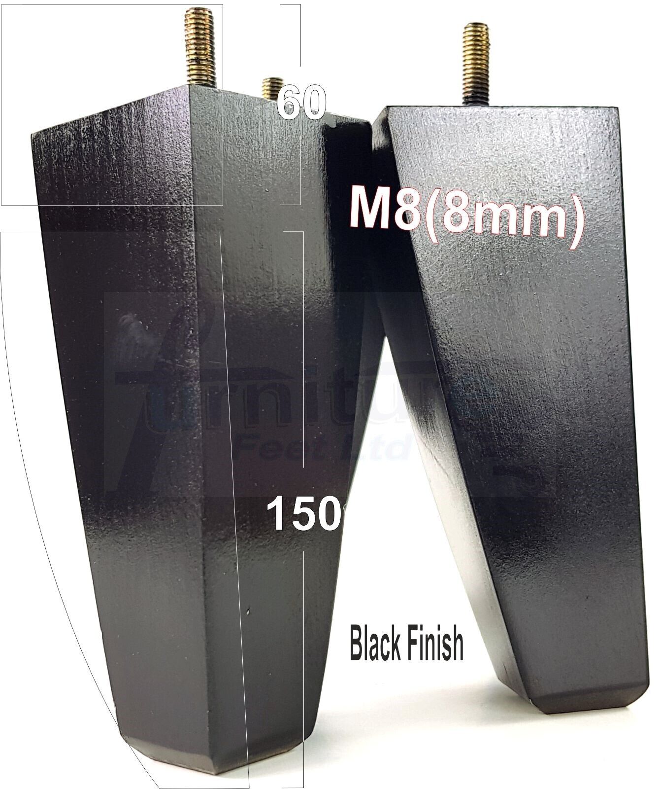 4x Tapered Square Furniture Legs Sofa Feet M8 for Chairs, Settees 150mm High