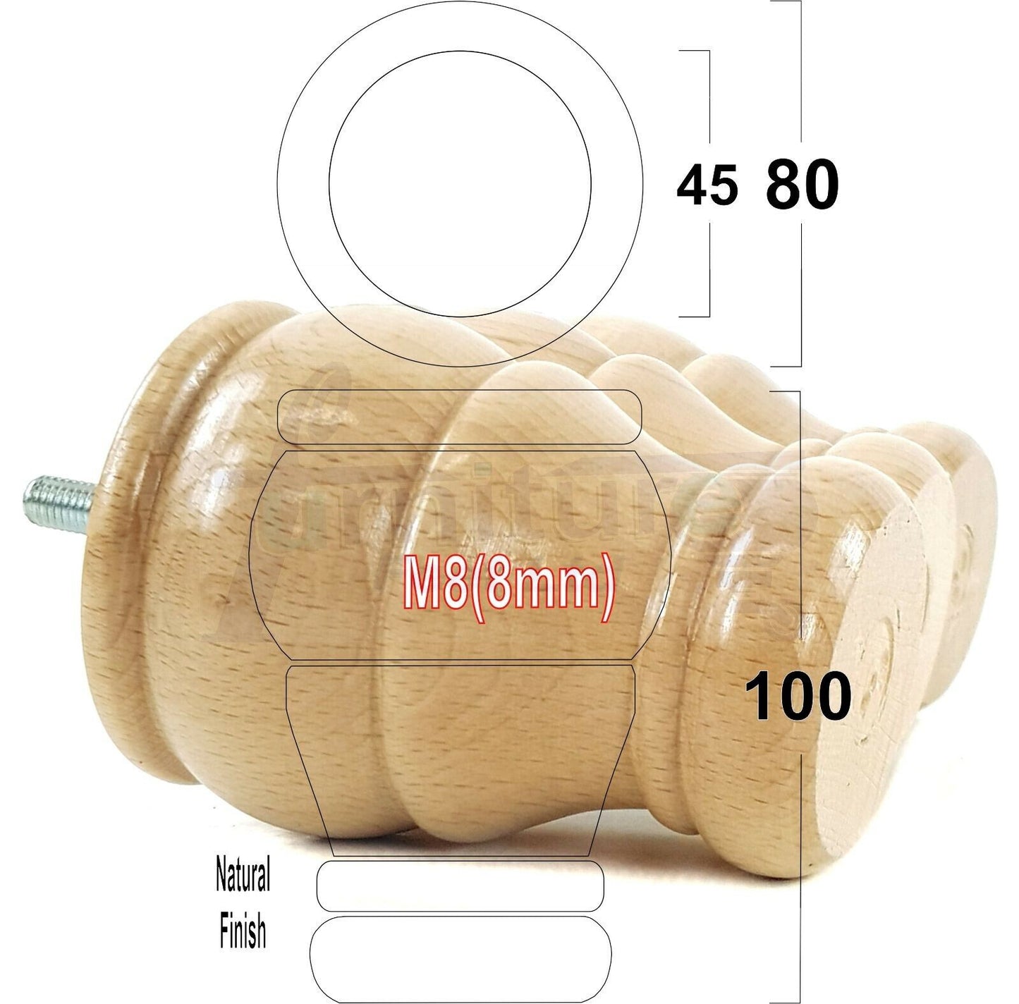 4 Turned Wood Furniture Chair Legs M8 Replacement Sofa Settee Chair Bed Feet 100mm High