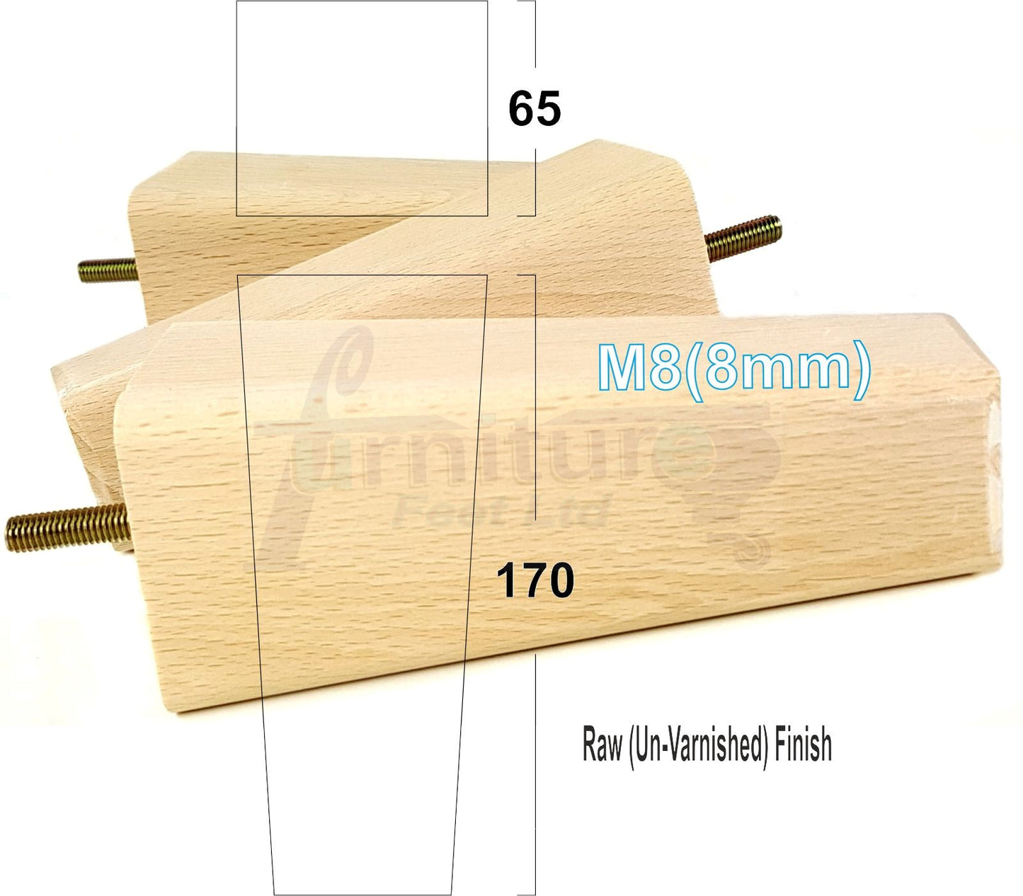 4x Wooden Furniture Legs 170mm High Replacement Square Tapered Feet 8mm