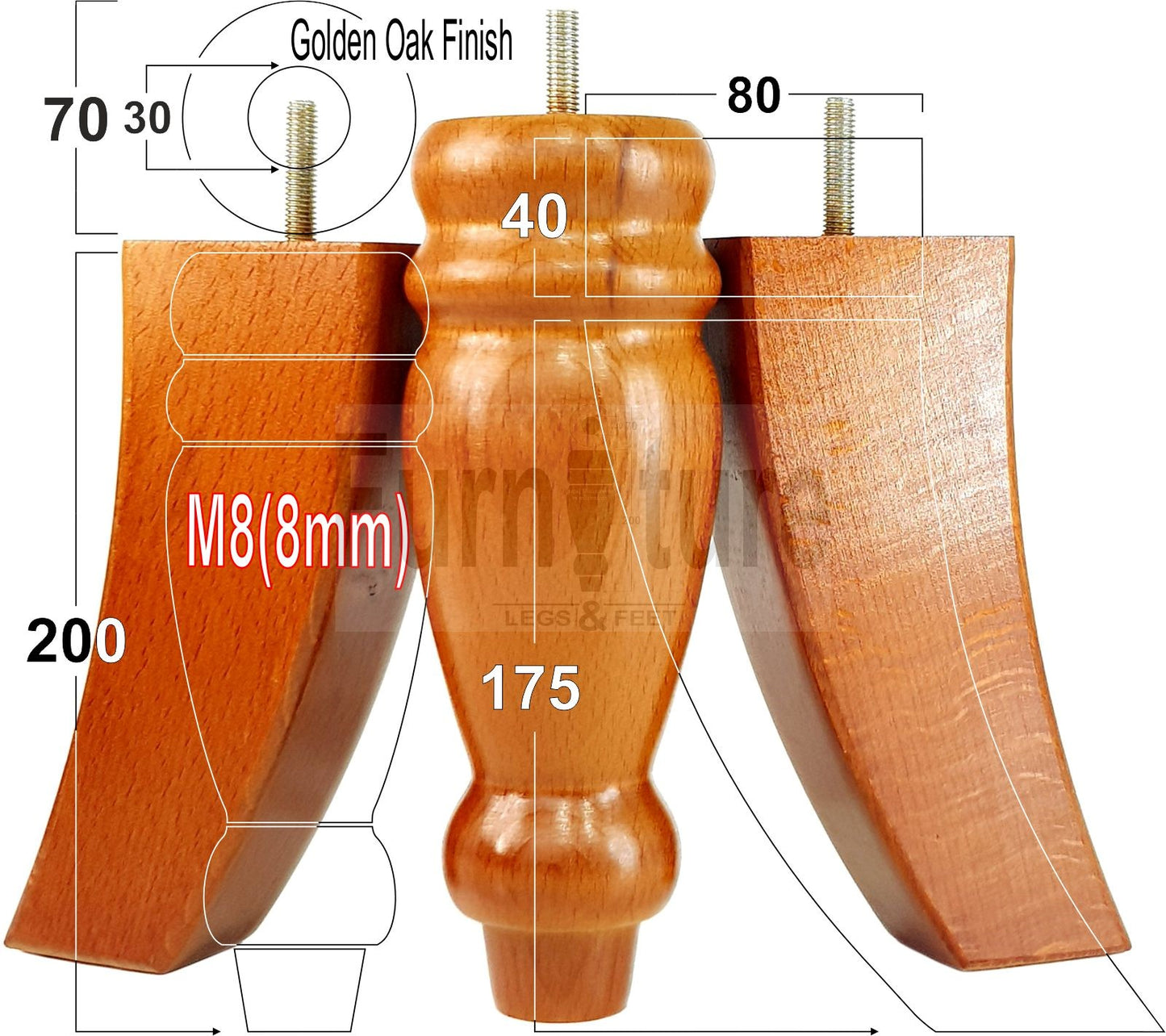 2 Turned Furniture Feet Replacement Sofa Legs 200mm & 2 Curved Back Legs 185mm for Chairs Sofa Settee Cabinets M8