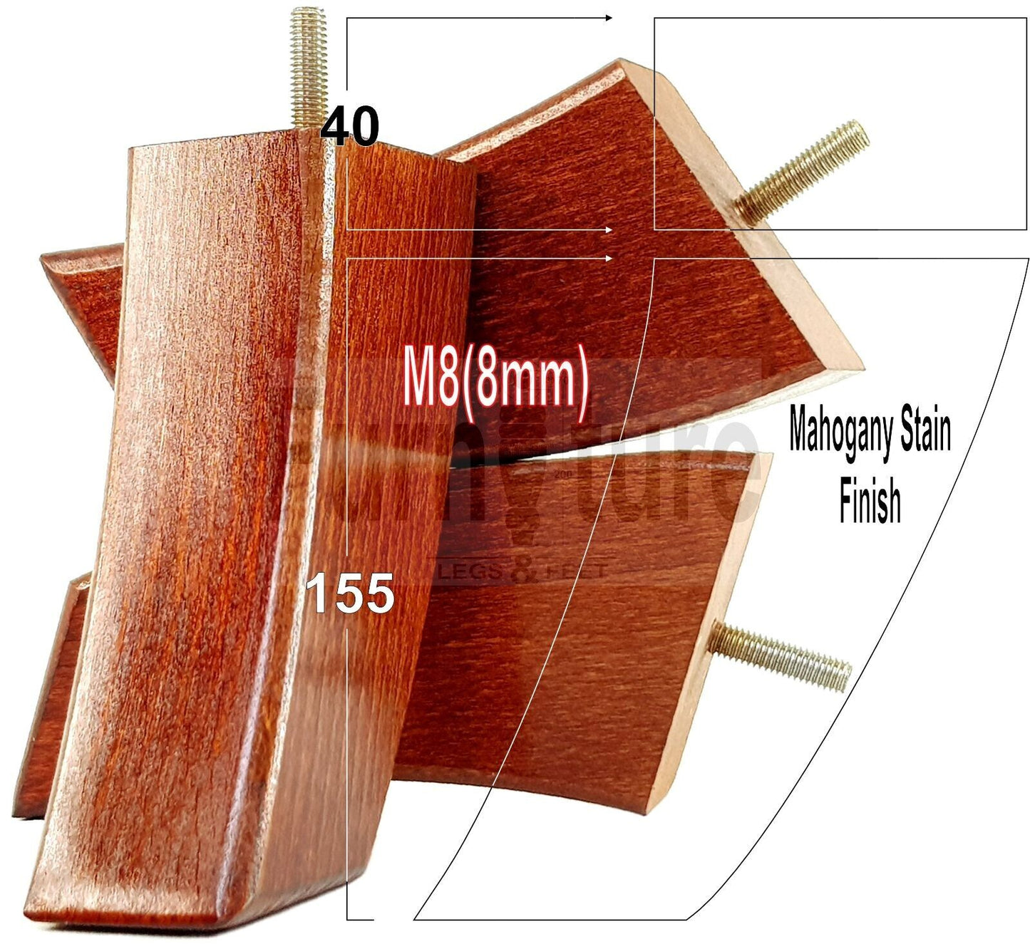 SET OF 4 WOODEN FURNITURE FEET 155mm HIGH REPLACEMENT SOFA LEGS 8mm Thread