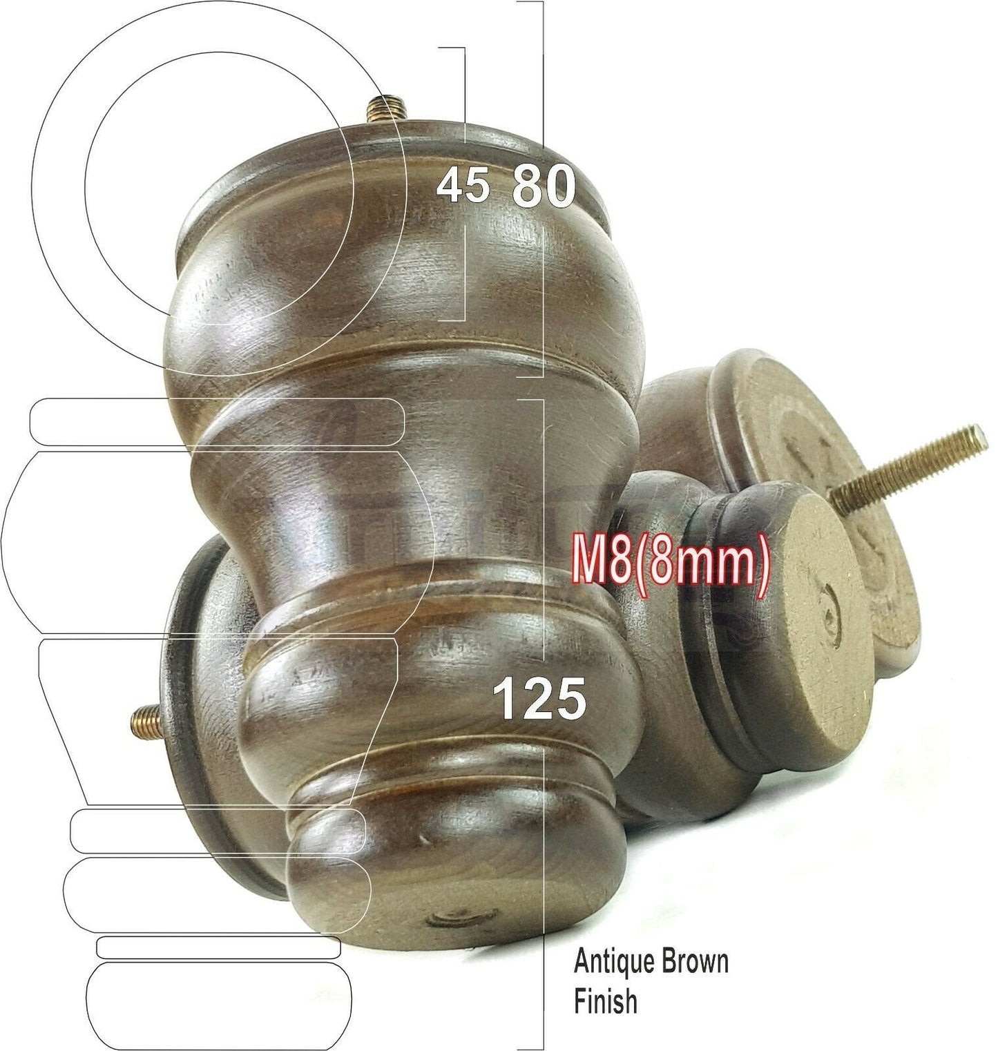 4 Turned Wood Furniture Chair Legs M8 Replacement Sofa Settee Feet 125mm High