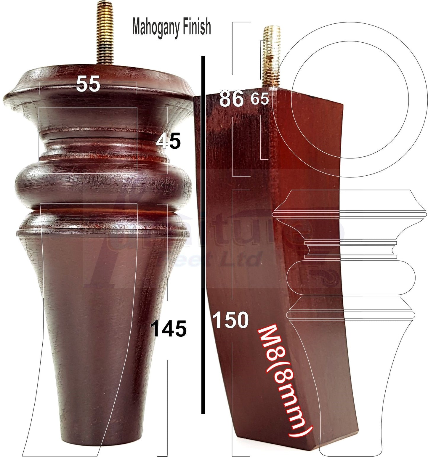 2x Turned & 2x Curved Back Wooden Feet Replacement Furniture Legs 150mm M8(8mm)
