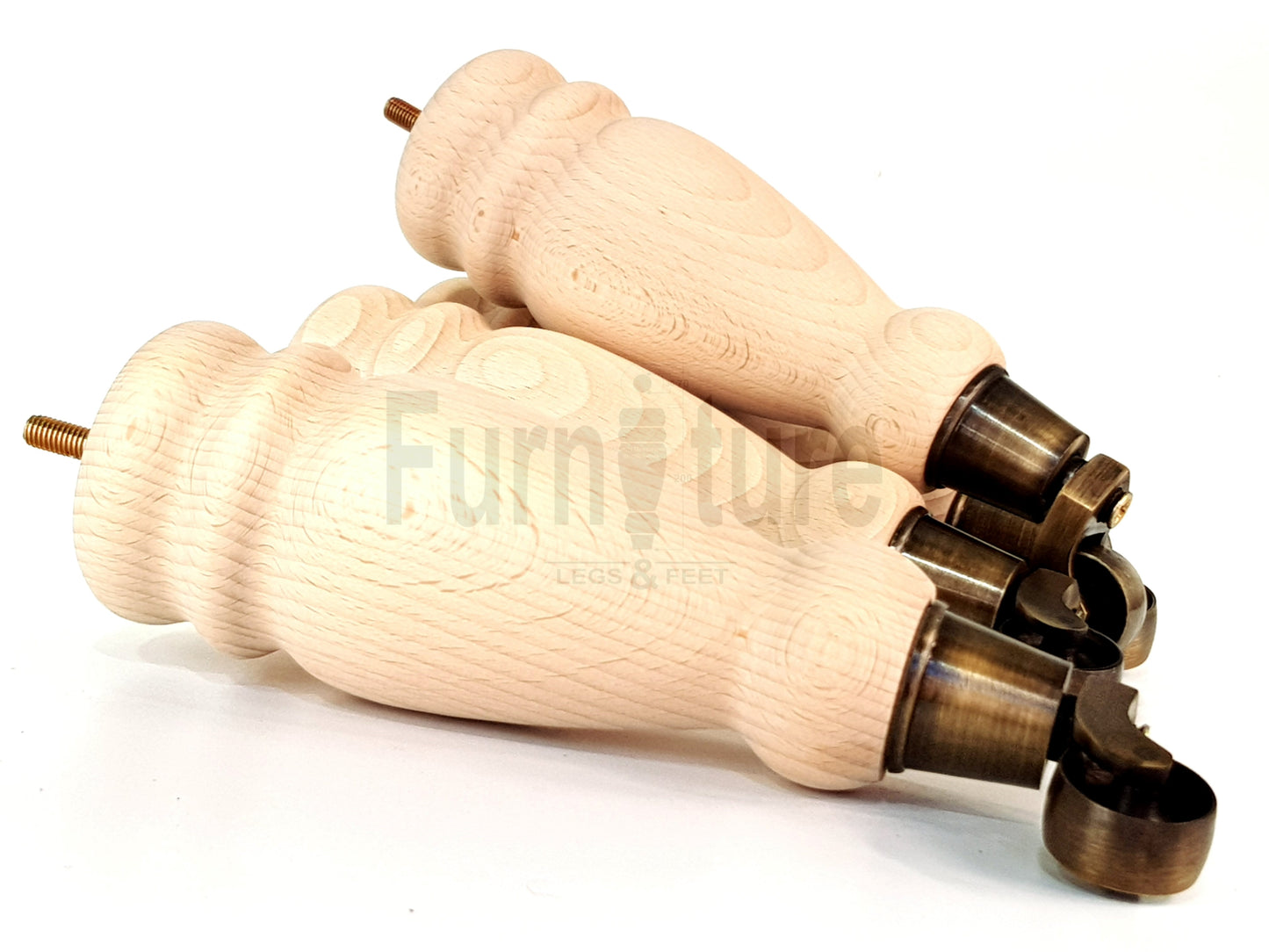 Set Of 4 Wooden Turned Replacement Furniture Legs 250mm High With Antique Brass Castor Wheels 8mm Thread