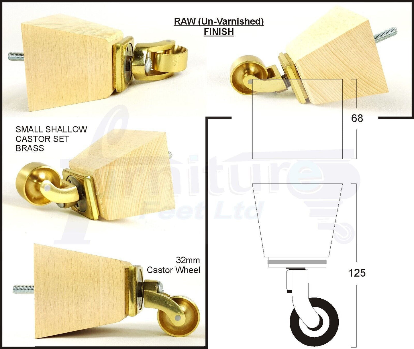 Set Of 4 Wooden Block Replacement Legs 125mm High Furniture Legs with Brass Castor 8mm Thread