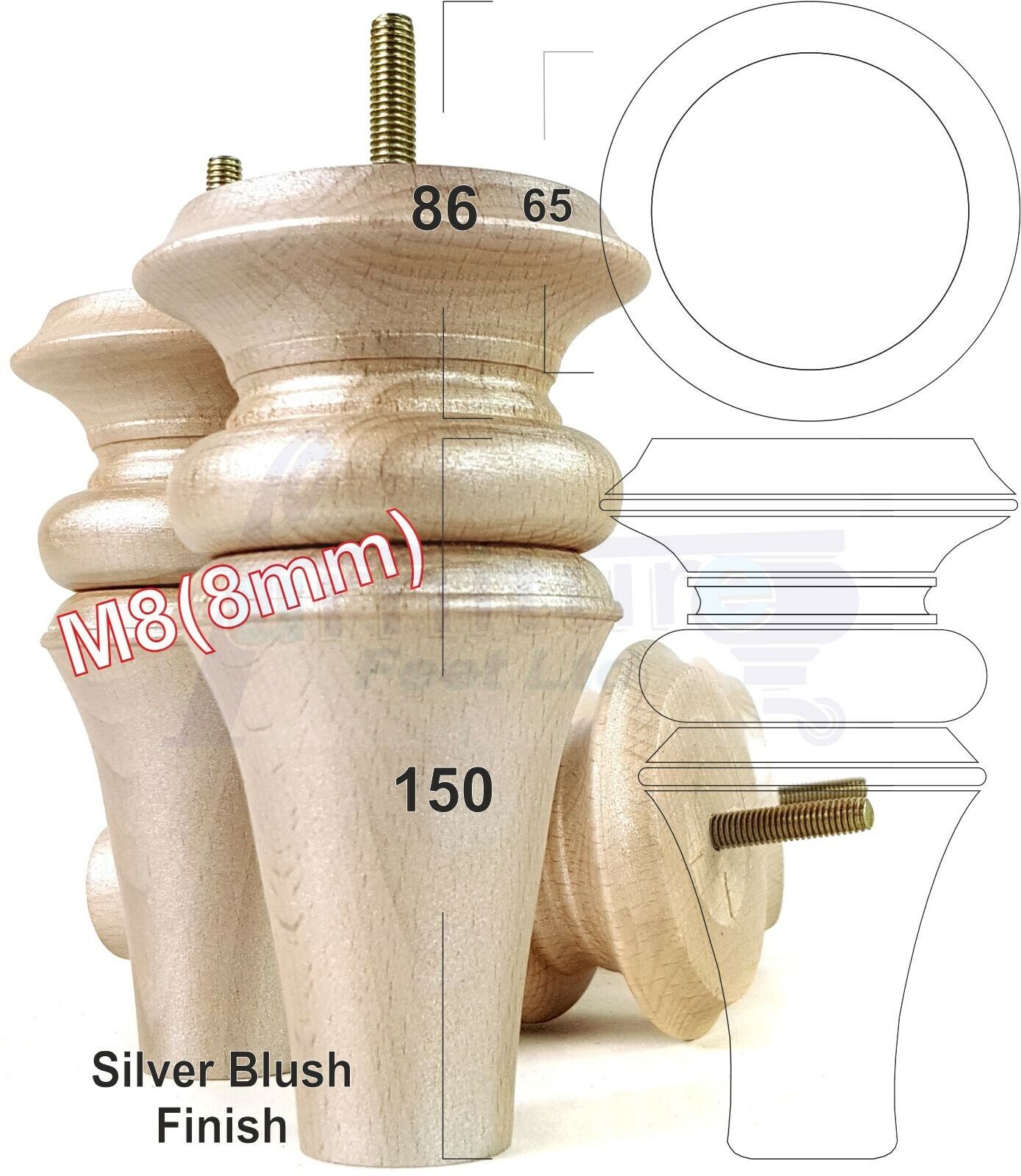 4x Turned Furniture Legs 150mm High M8(8mm) Replacement Feet