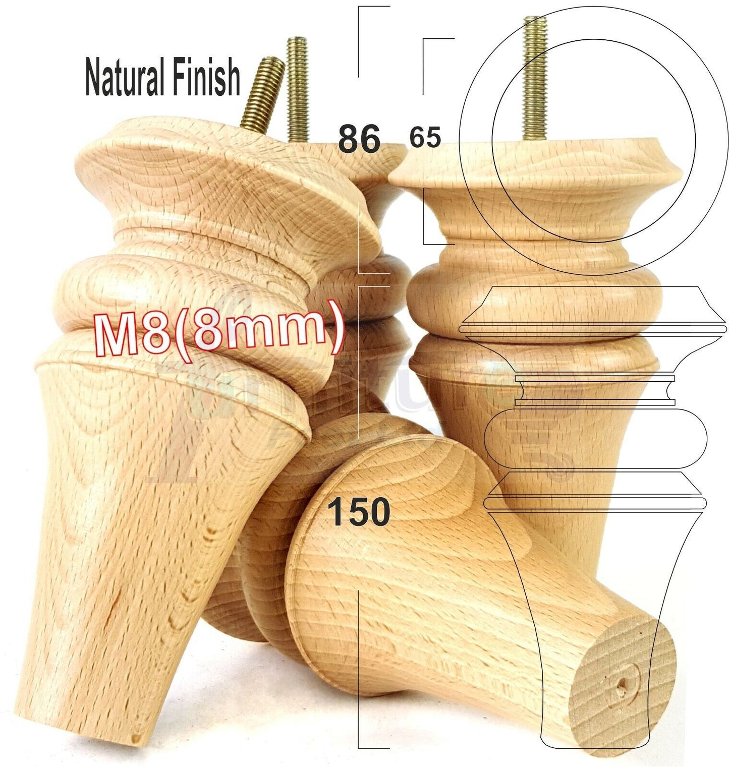 4x Turned Furniture Legs 150mm High M8(8mm) Replacement Feet