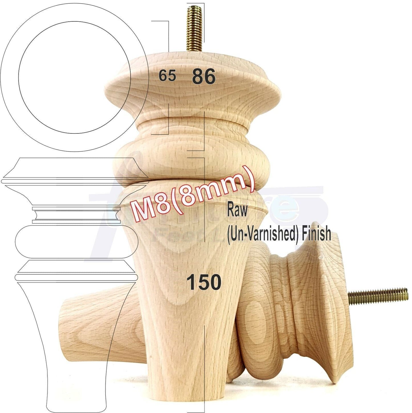 4x Turned Furniture Legs 150mm High M8(8mm) Replacement Feet
