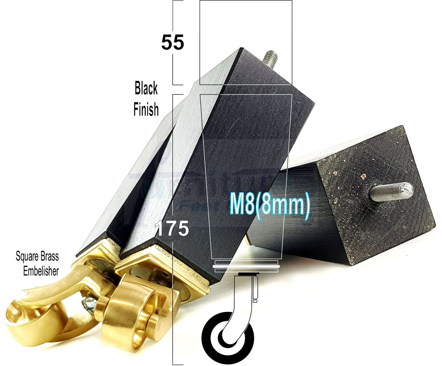 4x Solid Wood Furniture Legs Chair Sofa Bed Replacement Feet 175mm High With Brass Castors 8mm Thread