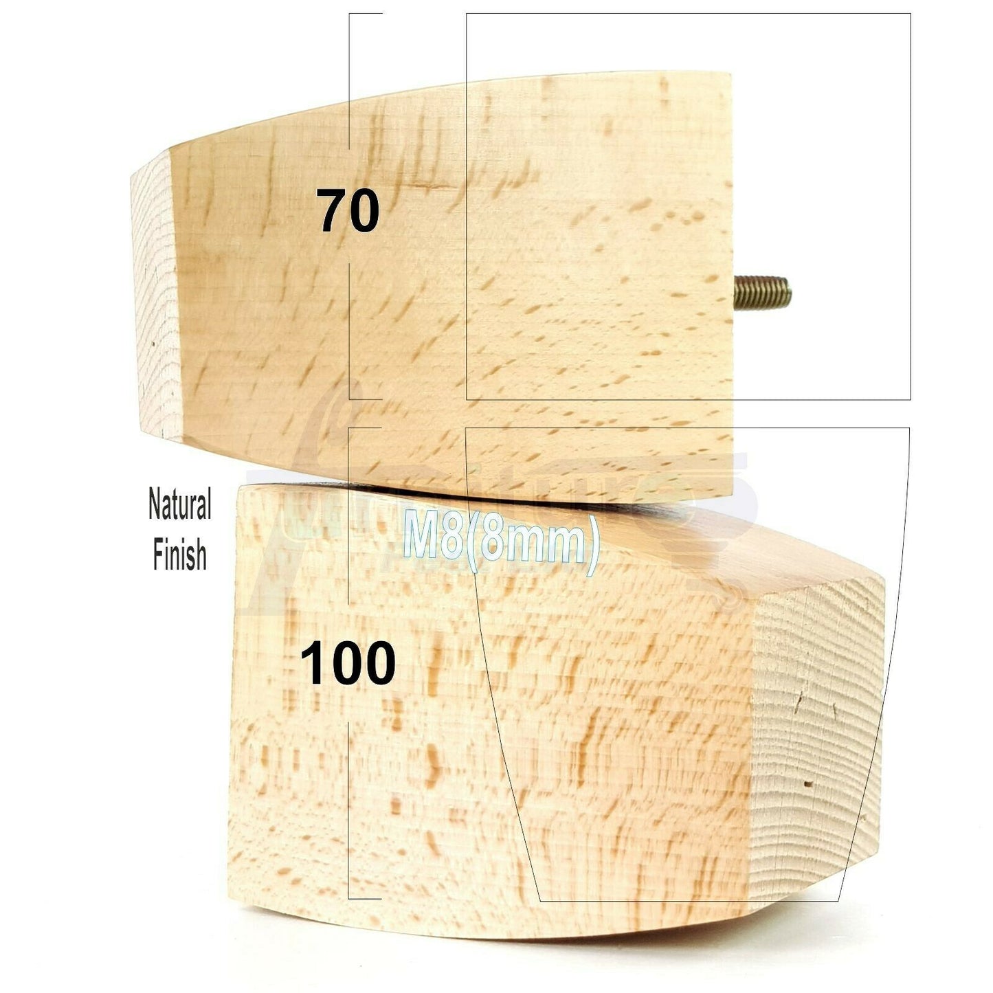 Set Of 4 Solid Wood Square Block Furniture Feet Replacement Legs 100mm High M8(8mm)