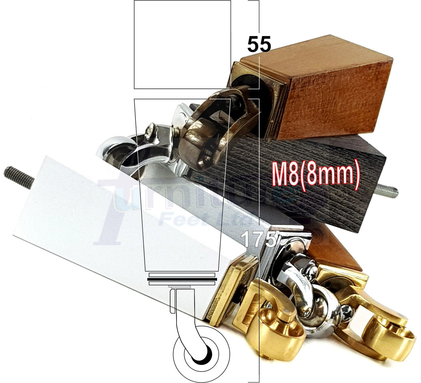 4x Solid Wood Furniture Legs Chair Sofa Bed Replacement Feet 175mm High With Antique Castors 8mm Thread
