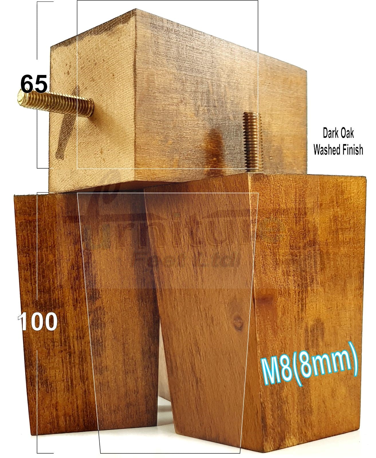 Solid Wood Furniture Feet Square Replacement Block Tapered Legs 100mm High M8 Set of 4 Sofa Chairs Stools Cabinets Beds