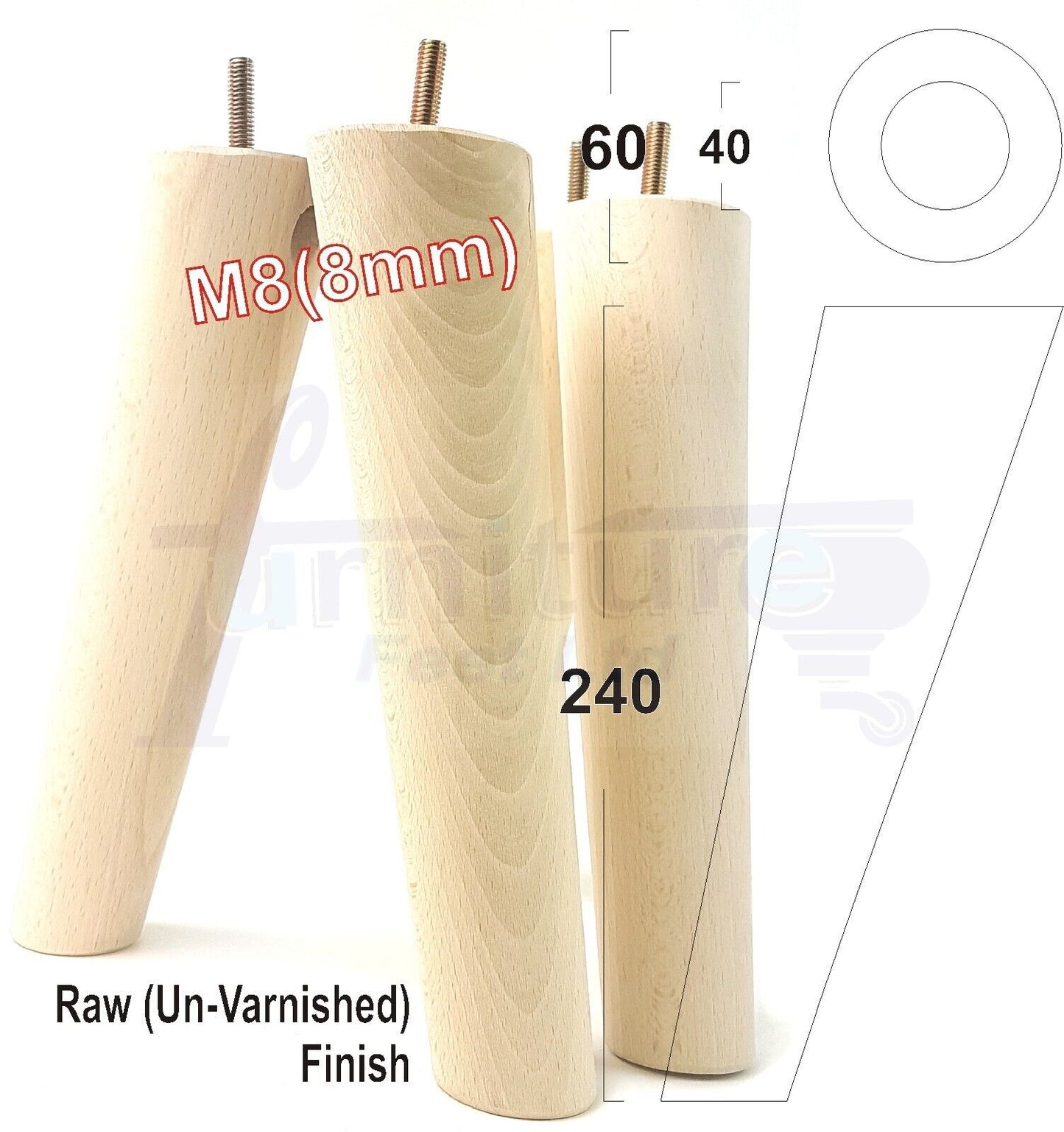 4x Wood Replacement Angled Furniture Chair Legs M8 Settee Sofa Feet 240mm High