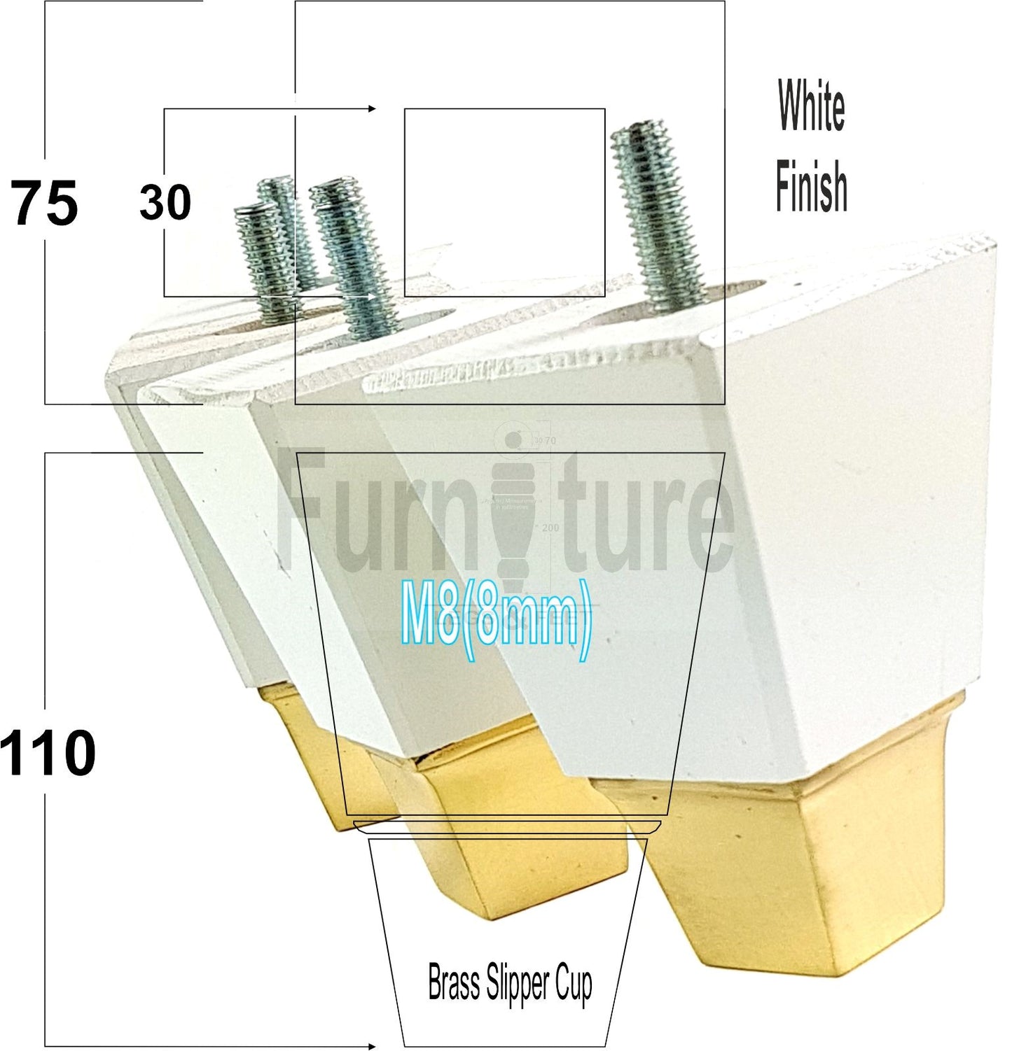 4x Block Wood With A Brass Slipper Cup Furniture Chair Settee Legs M8 Sofa Feet 110mm