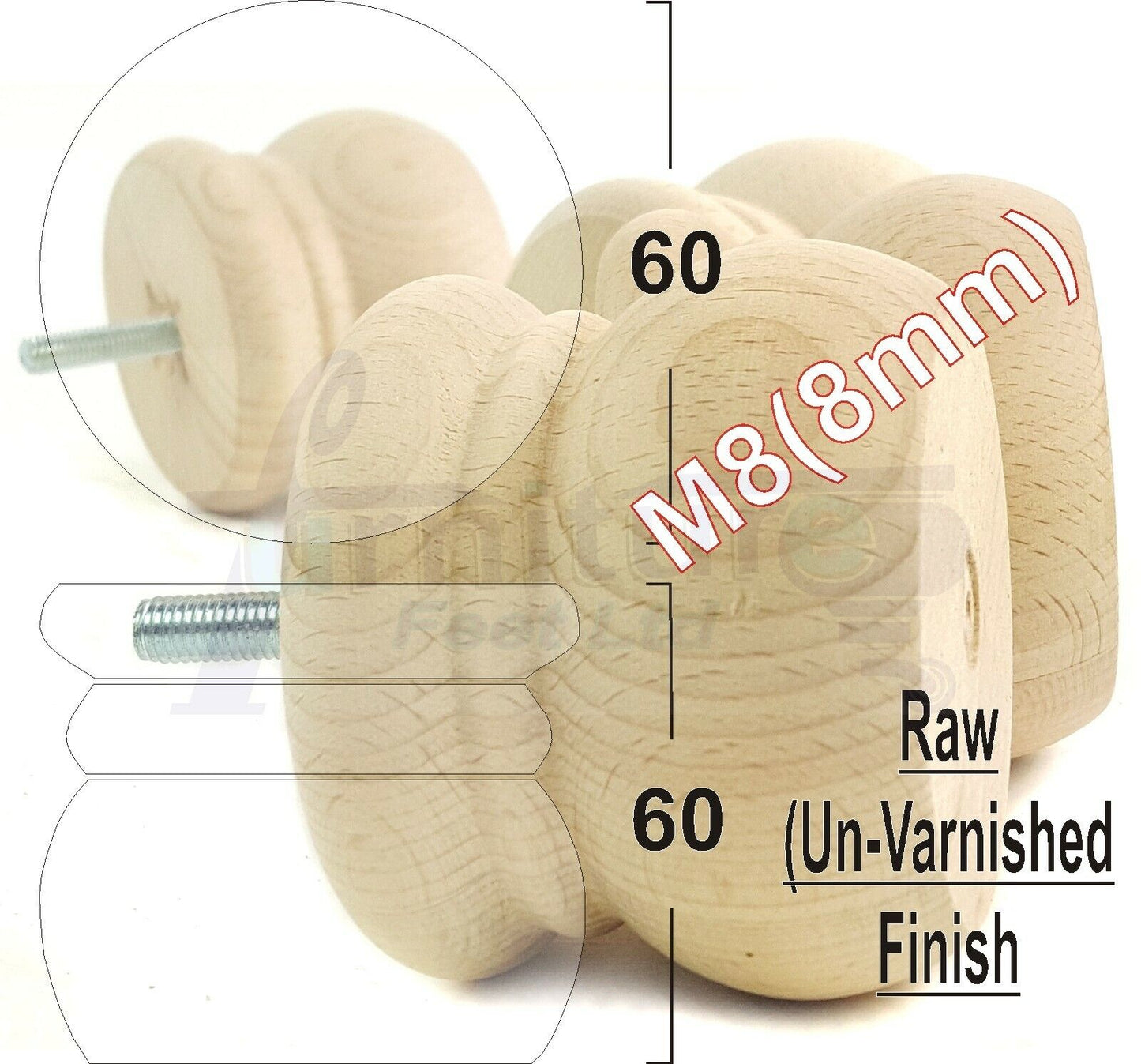 4 Wood Bun Feet Replacement Turned Furniture Legs 60mm High Multiple Colours 2 Inches Tall Chairs Stools Sofa Beds Cabinets M8