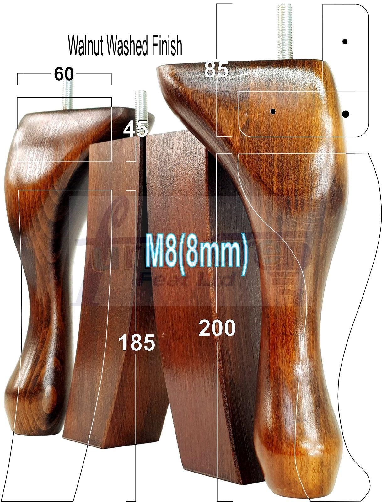 2x Vintage Queen Anne Replacement Furniture Legs & 2x Curved Back Feet 200mm High 8mm Thread