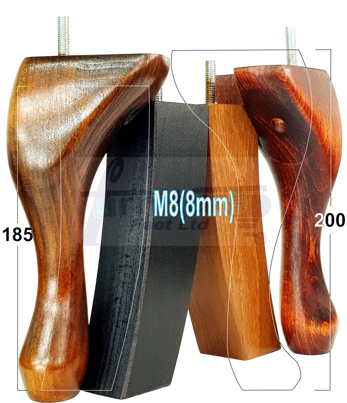 2x Vintage Queen Anne Replacement Furniture Legs & 2x Curved Back Feet 200mm High 8mm Thread