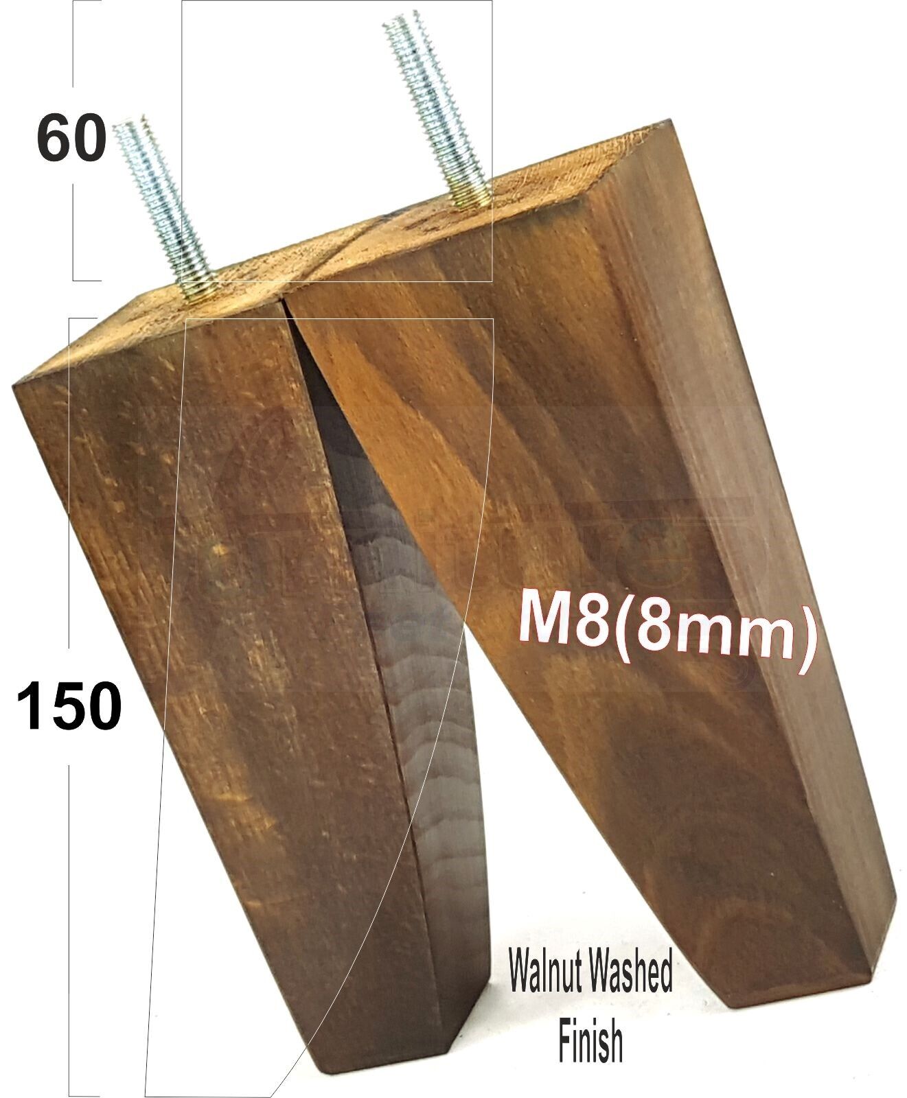 4x Tapered Square Furniture Legs Sofa Feet M8 for Chairs, Settees 150mm High