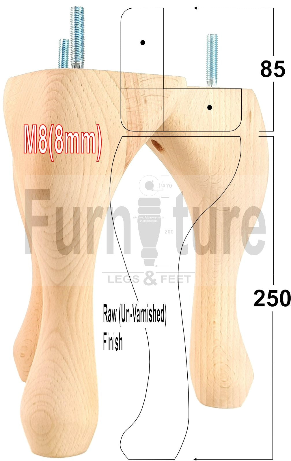 4 Replacement Traditional Queen Anne Furniture Leg 250mm High Sofa Chair Beds M8