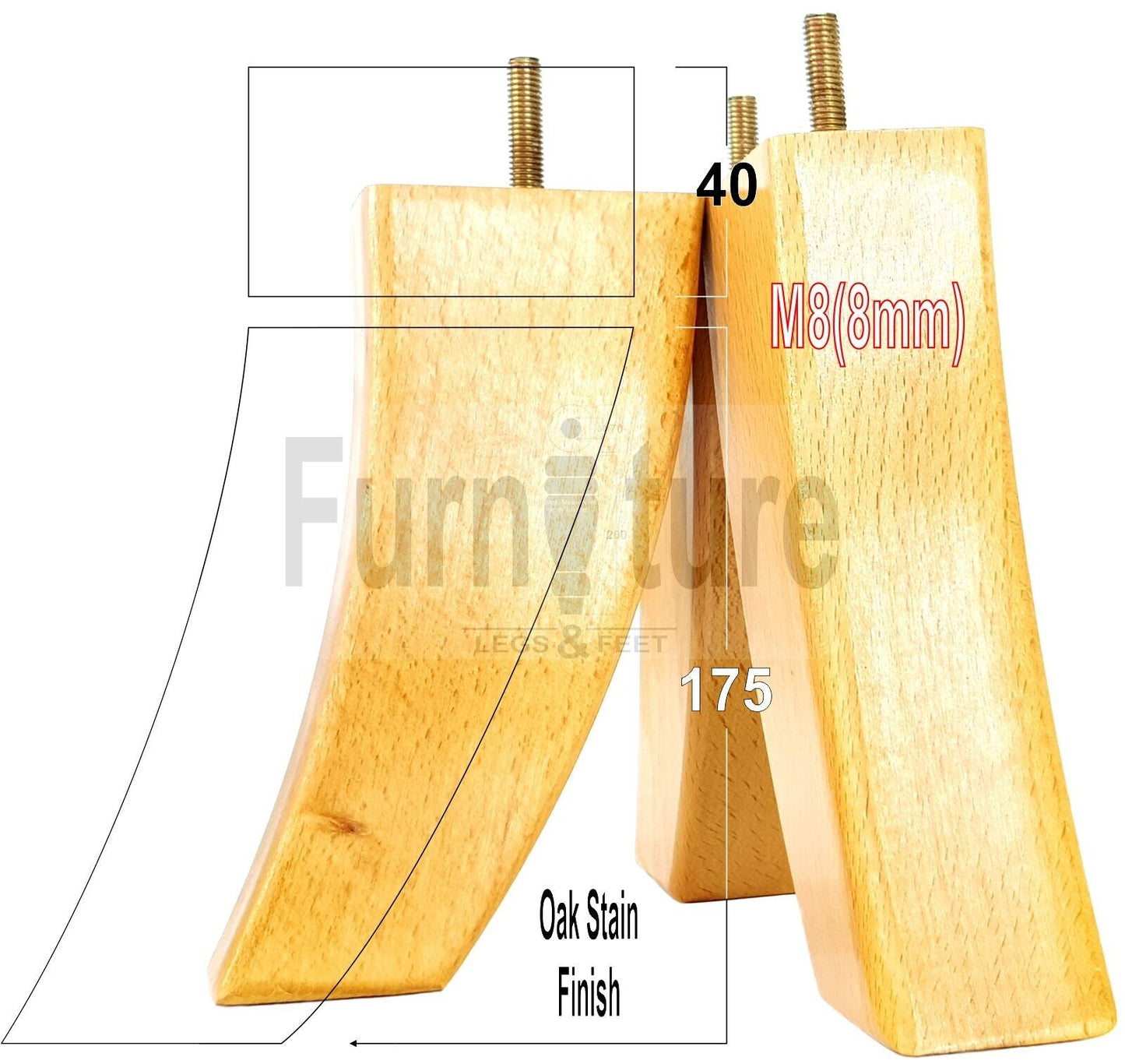 SET OF 4 WOODEN FURNITURE FEET 175mm HIGH REPLACEMENT SOFA LEGS 8mm Thread