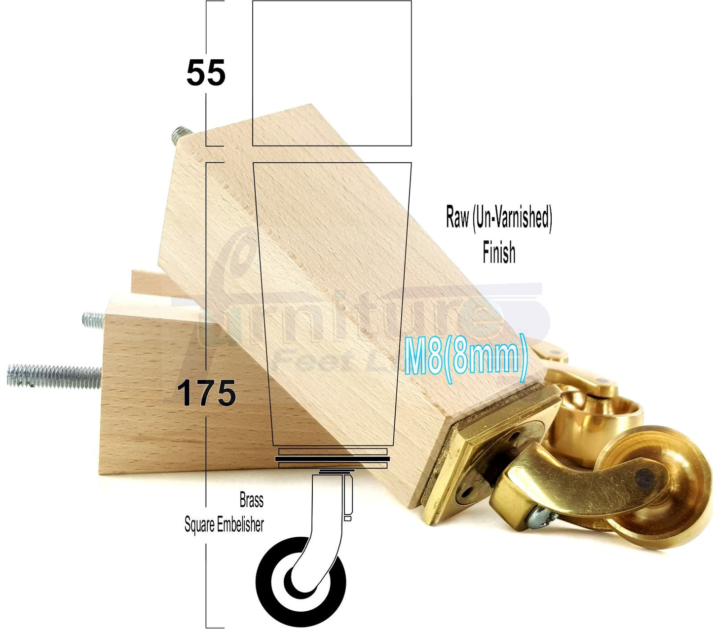 4x Solid Wood Furniture Legs Chair Sofa Bed Replacement Feet 175mm High With Brass Castors 8mm Thread