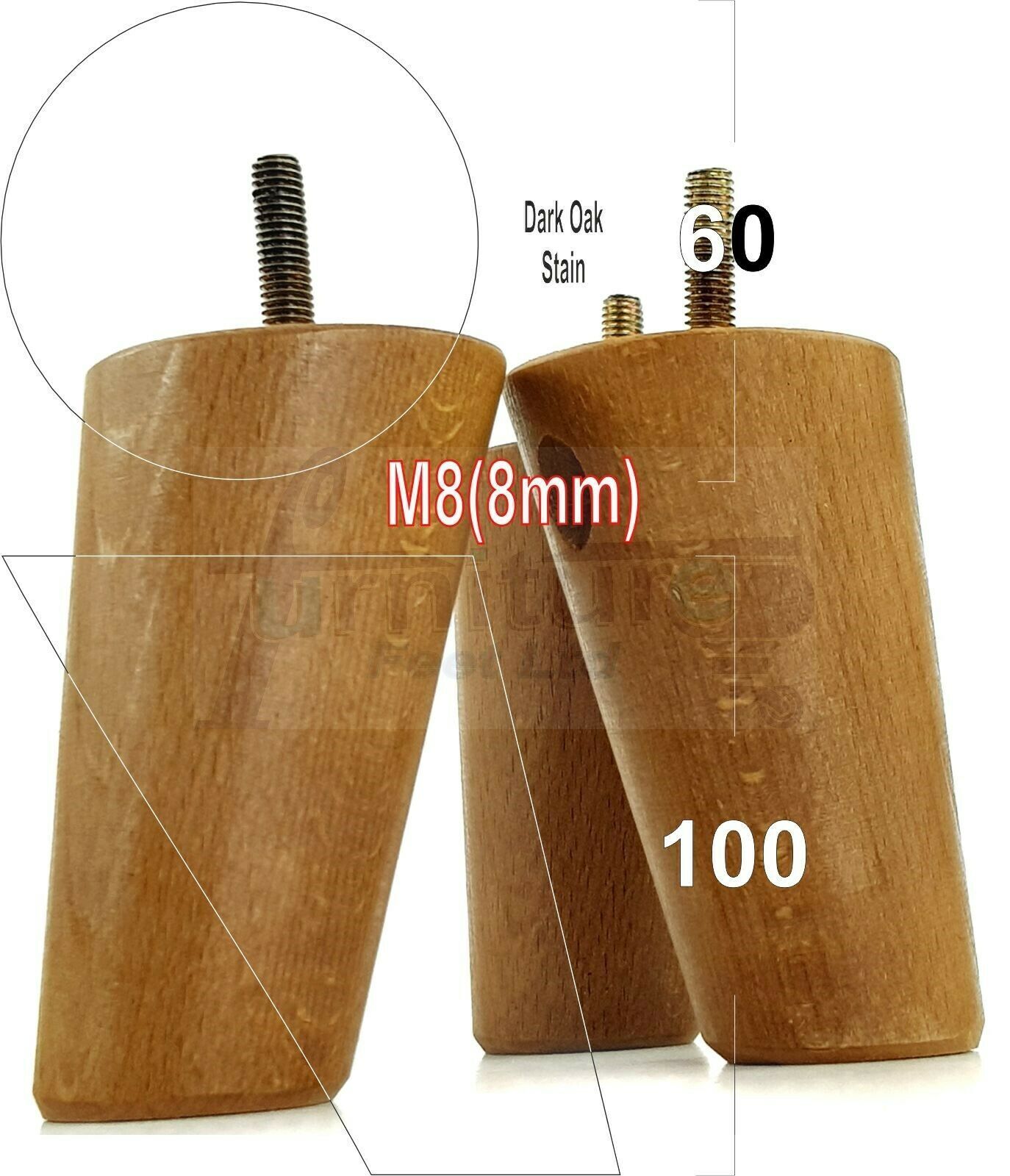 4 Solid Wood Turned Furniture Feet Replacement Mid Centry Angled Retro Legs 100mm High M8 Sofa Chairs Stools Cabinets Beds