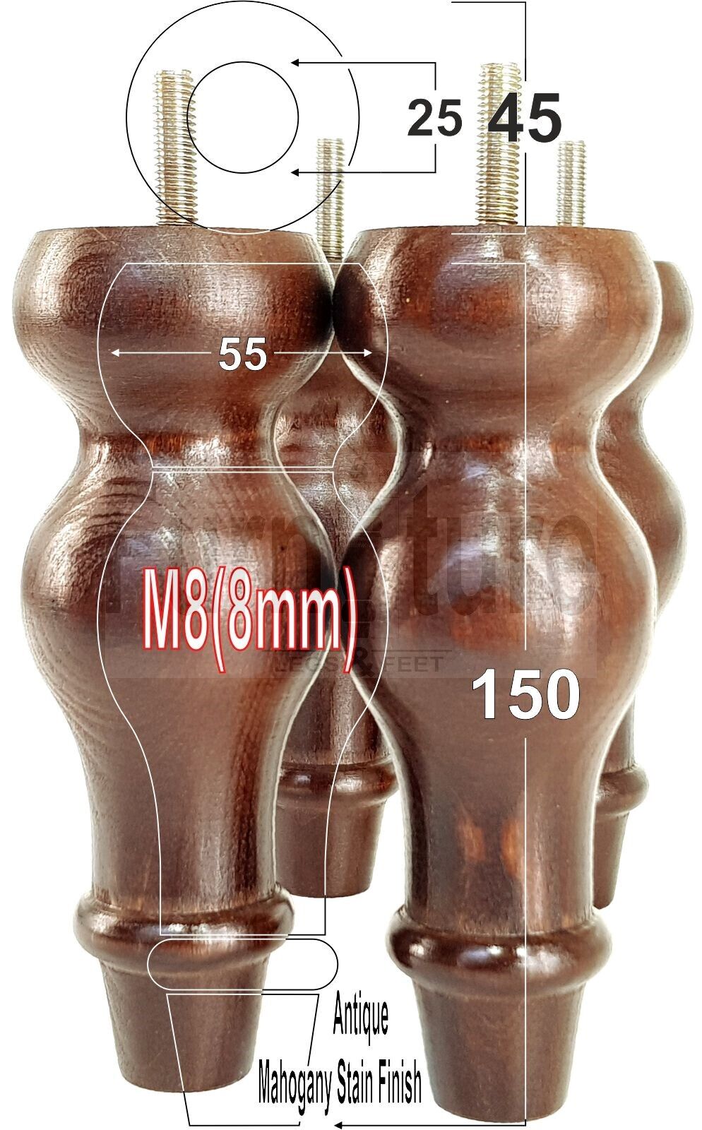 Set Of 4 Solid Wood Turned Furniture Feet Replacement Legs 150mm High 8mm Thread