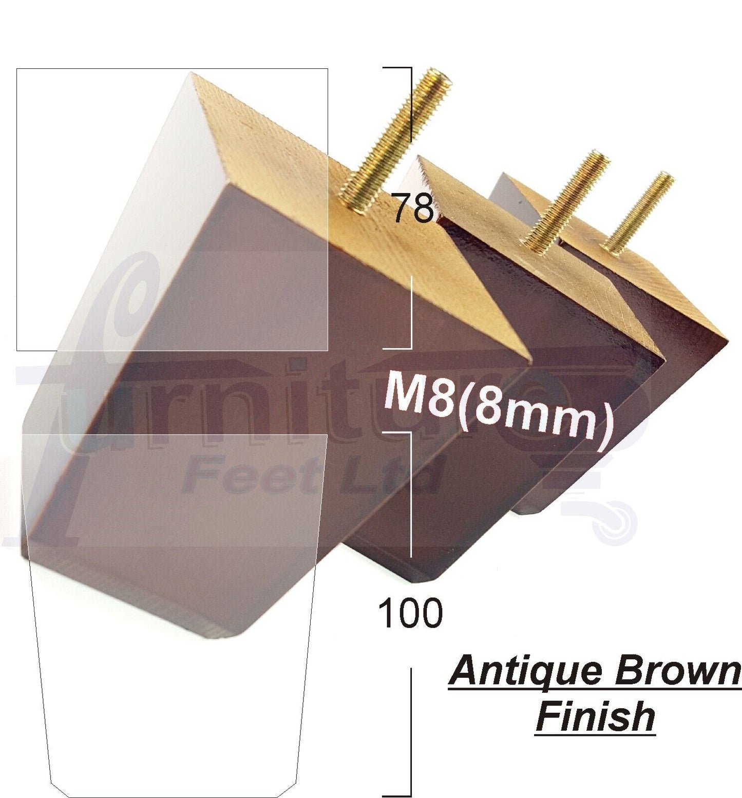 Set Of 4 Square Block Solid Wood Furniture Feet Replacement Legs 100mm High M8(8mm)