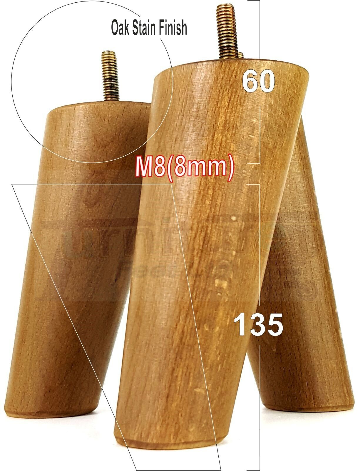 4 Solid Wood Turned Furniture Feet Replacement Mid Centry Angled Retro Legs 135mm High M8 Sofa Chairs Stools Cabinets Beds