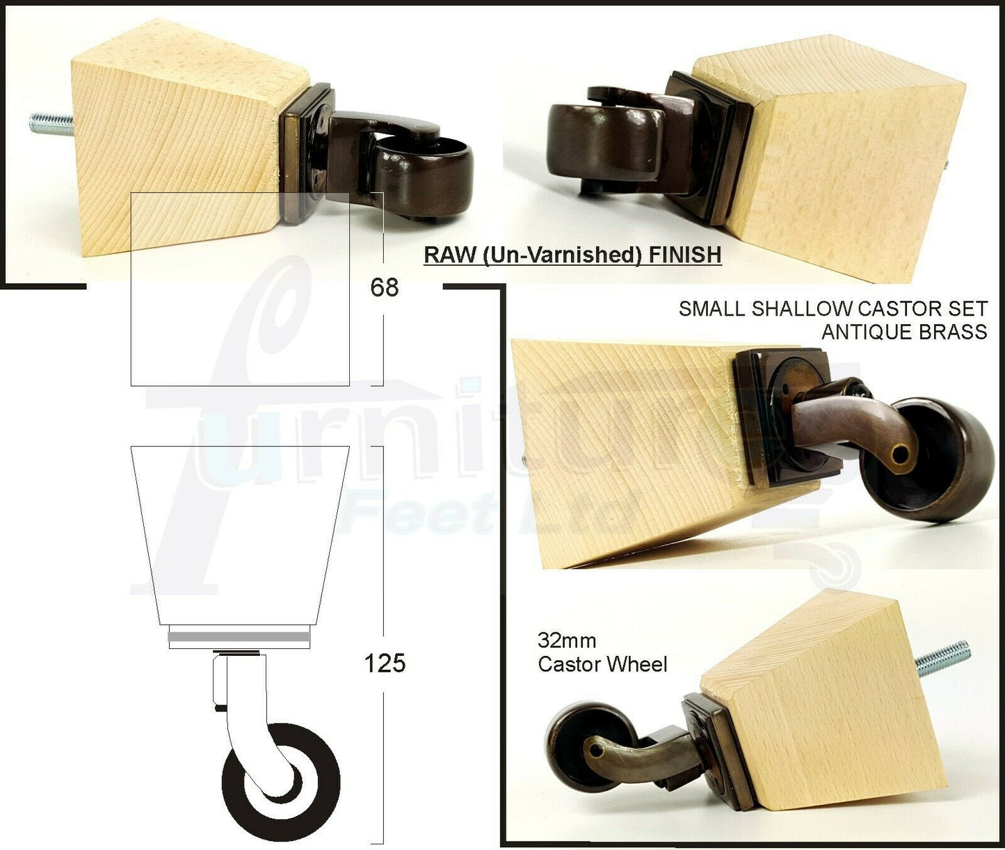 Set Of 4 Wooden Turned Replacement Furniture Legs 125mm High With Brass Castor Wheels 8mm Thread