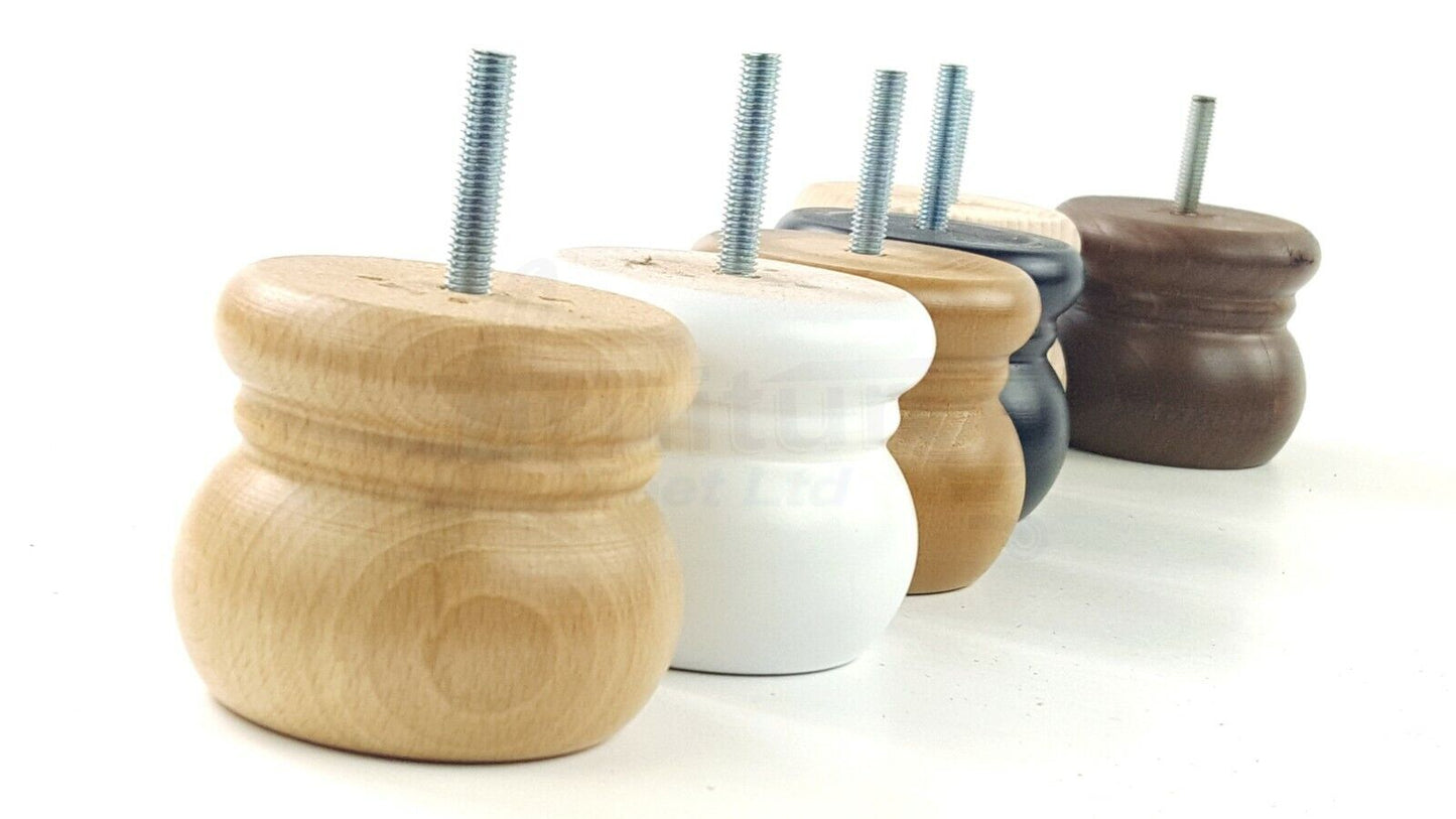 4 Wood Bun Feet Replacement Turned Furniture Legs 60mm High Multiple Colours 2 Inches Tall Chairs Stools Sofa Beds Cabinets M8